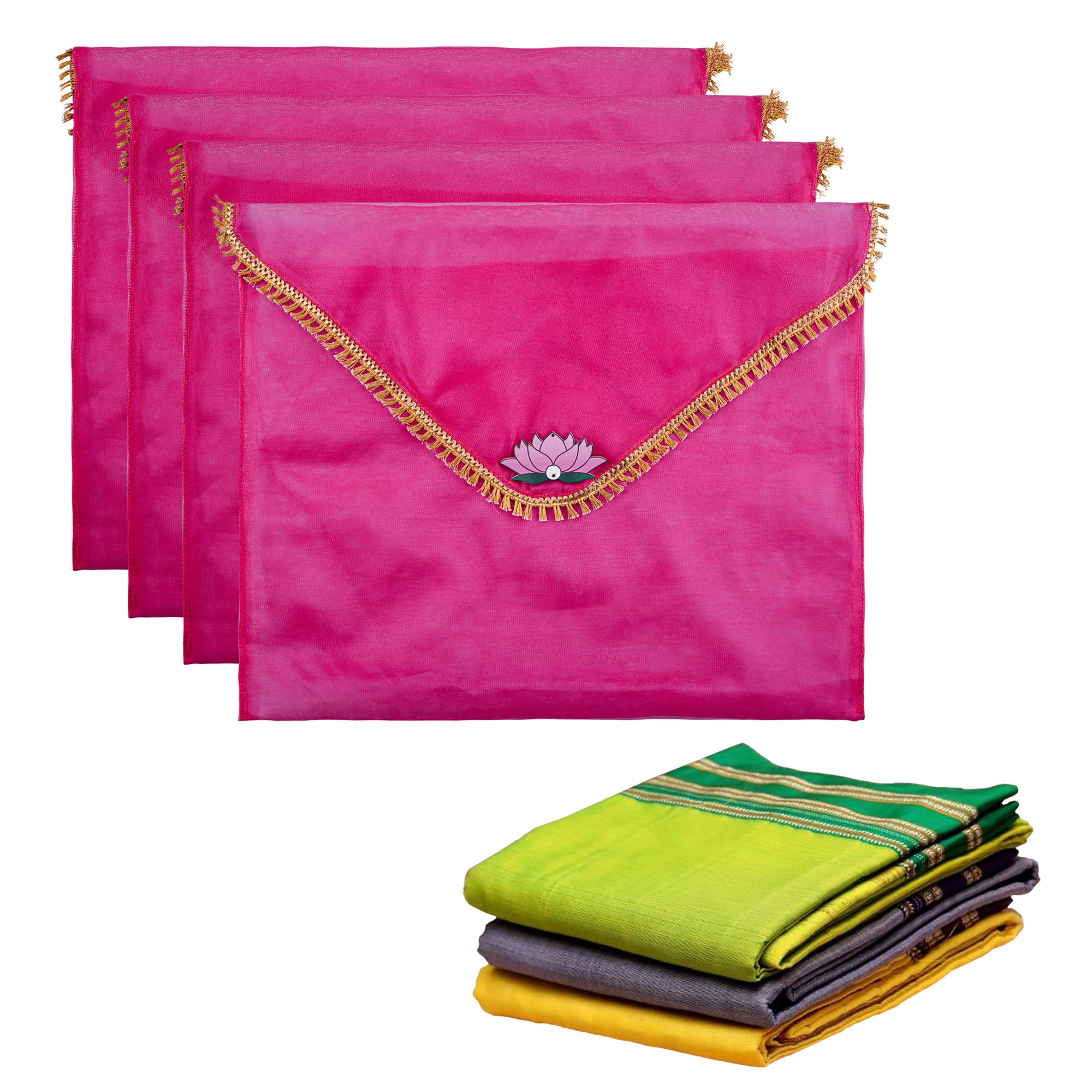 Kuber Industries 4 Pcs Double Layer Organza Saree Covers for Gifting with Flower Flap Closure | Wedding Saree Cover | Single Saree/Suit Packing Shagun Cloth Cover | Golden Lace - Pink