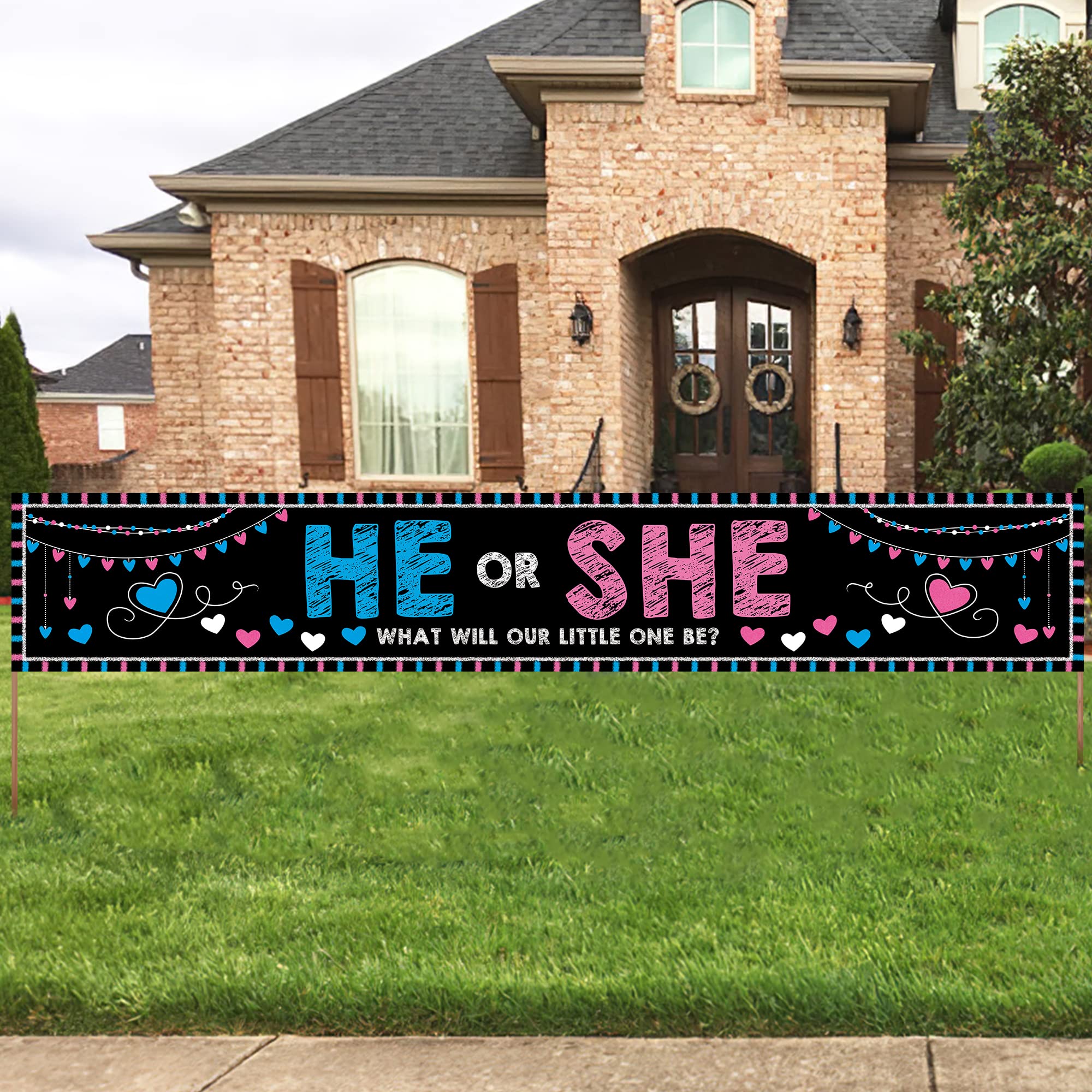 ANATANOWOR Baby Gender Reveal Decorations Banner (118.2x19.7 inch) , He or She Gender Reveal Party Supplies