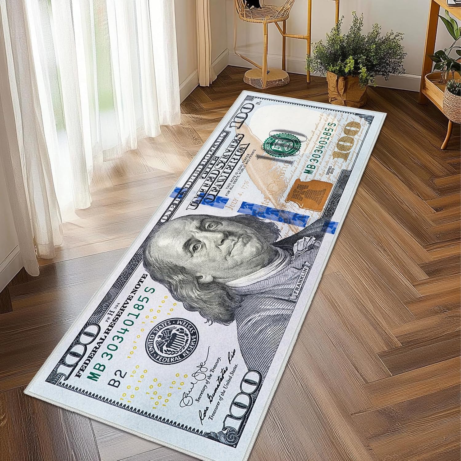 Money Rugs 100 Dollar Bill Runner Rug 2x6,Hundred Dollar Bills Throw Accent Area Rugs,Money Decor Floor Carpets Mat Non Slip Washable Carpet Runners for Bedroom Living Room Entryway Hallway Laundry