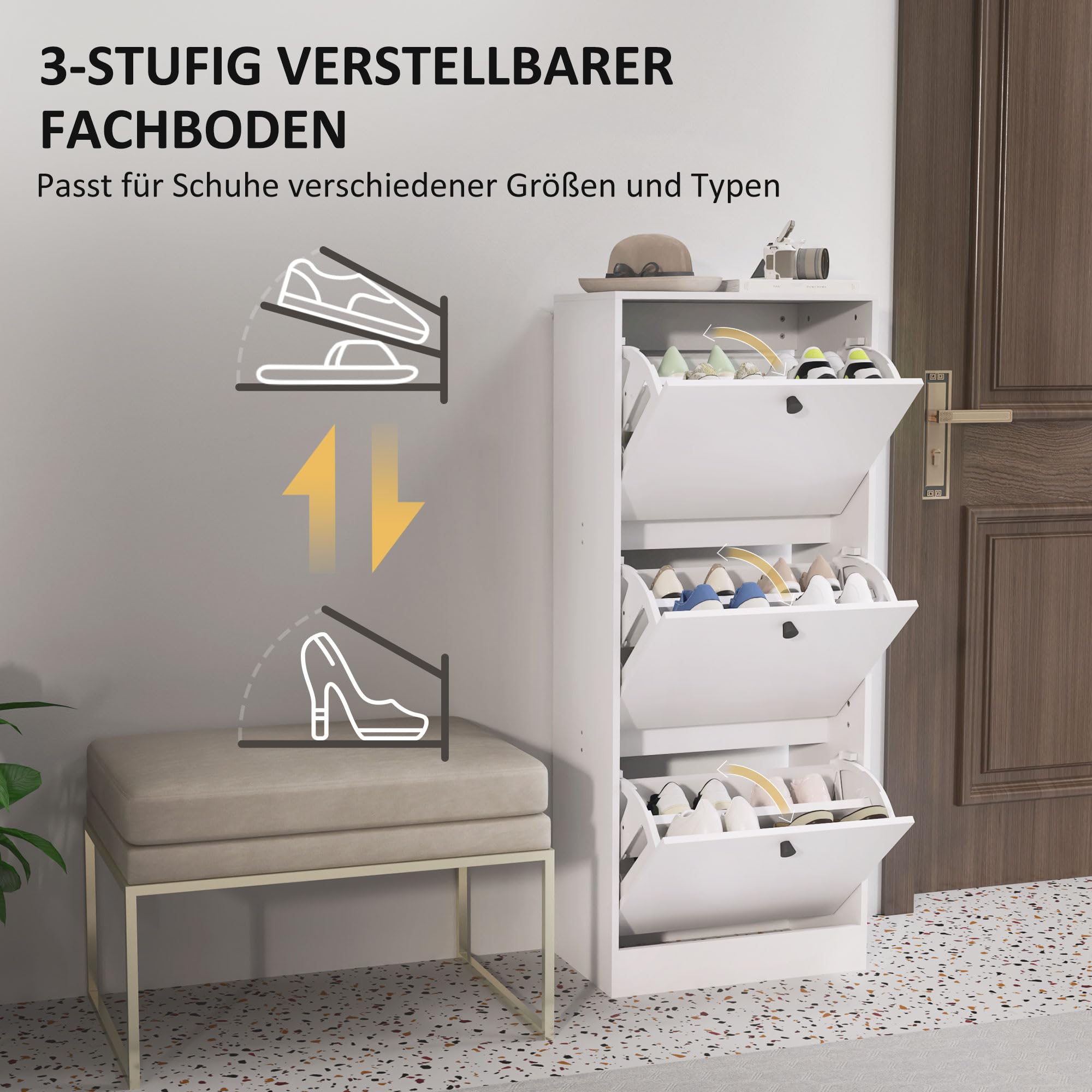 HOMCOM Schuhschrank mit 3 Klappen für 12 Paar Schuhe 47 x 28 x 115 cm Weiß