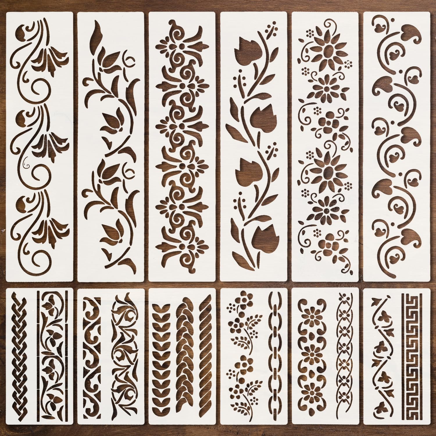 Flower Texture Stencils, 12 Pcs Stencils for Crafts Reusable Wall Brick Painting Template for Painting DIY Art Crafts Scrapbook Wall Décor — image 1