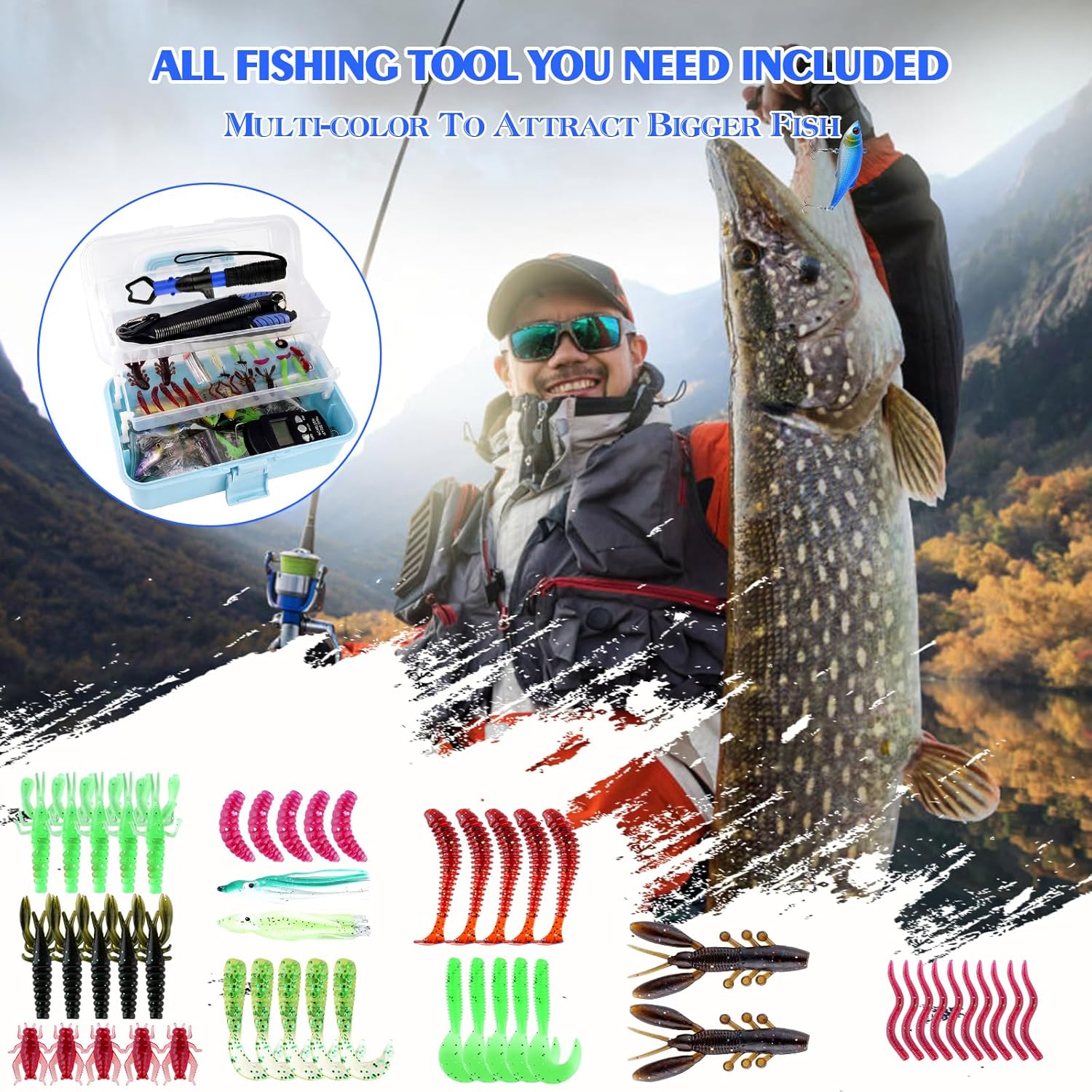 3-Layer Blue Fishing Tackle Box with Tackle Included, Fishing Tool Kit Includes Pliers Fish Lip Gripper Scale Crankbait Spinnerbaits Soft Baits Hooks, Ideal Gift for Angler Saltwater Freshwater