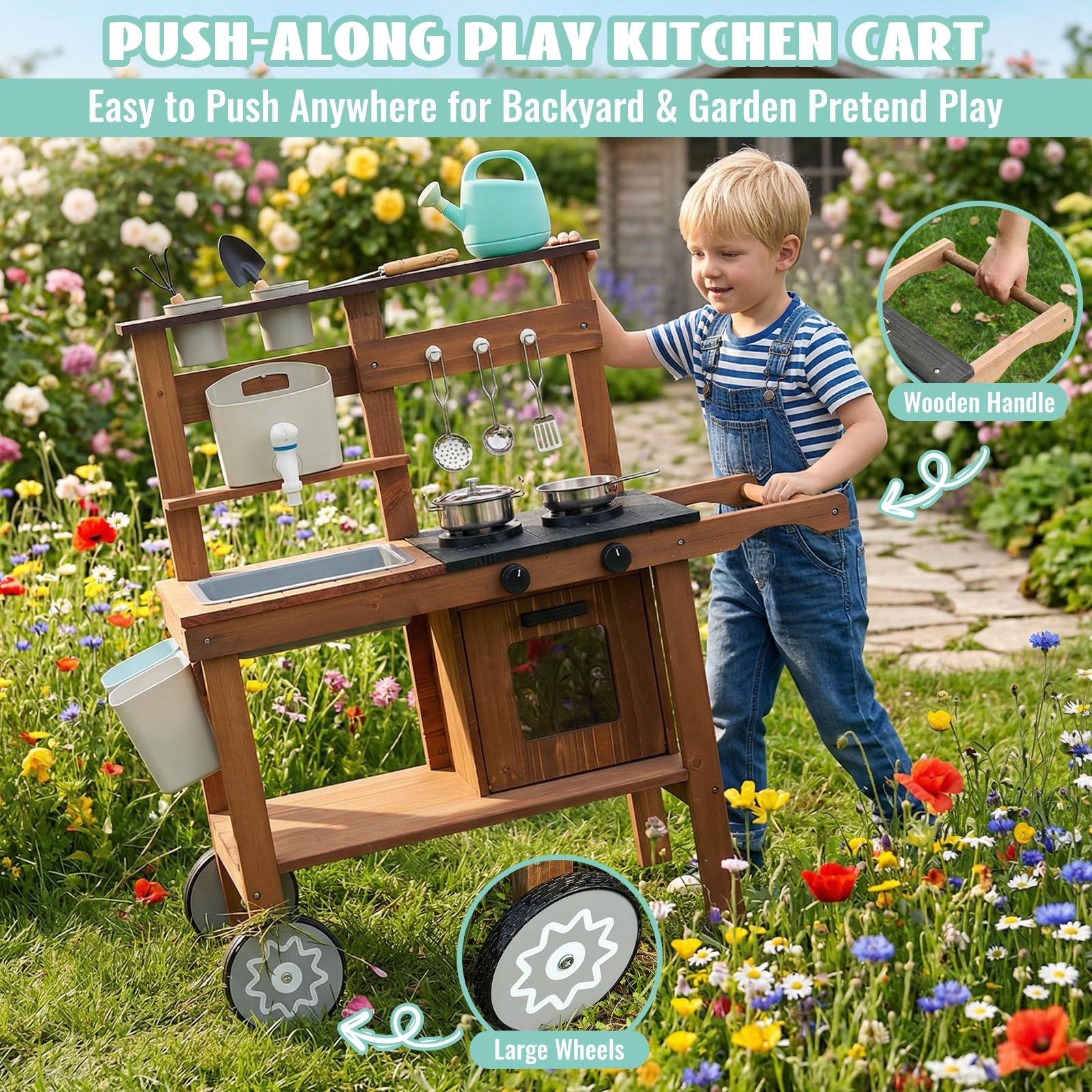 WoodenFun Outdoor Spielküche Gartenspielküche Matschküche Kinder Outdoor Mit Rädern, Wasserkocher, Spüle, Holzpflanzenbehälter, Kinderküche