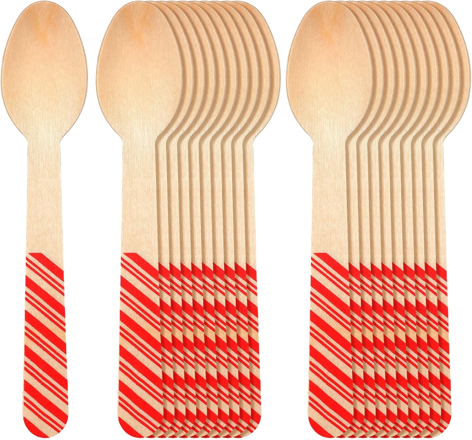 Hoolerry 100 Pcs Disposable Christmas Wooden Spoons 5.5'' Hot Cocoa Chocolate Candy Cane Winter Tasting Bar Spoons for Cake Coffee Ice Cream (Red,Striped Style)