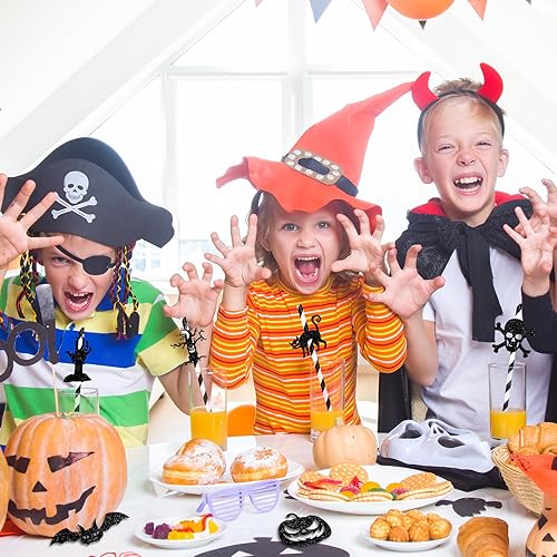 Miniatura 6 de Whaline 18 popotes de papel de Halloween, calabazas, murciélagos, brujas, fantasmas, pajitas de papel desechables a rayas blancas y negras,