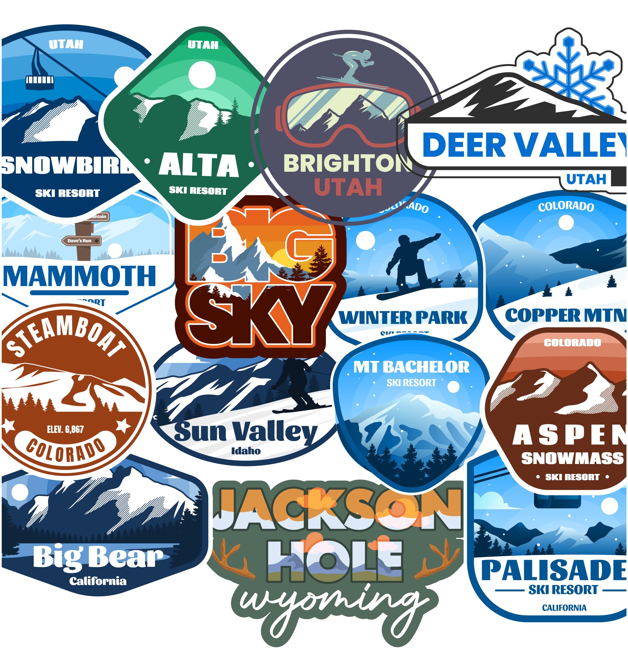 Ski Resort Sticker Pack 15 Pack, (Waterproof Vinyl Decal for Car, Water Bottle, Laptop, iPad, Window, Cooler, Luggage, Bumper, Toolbox, Locker), 3