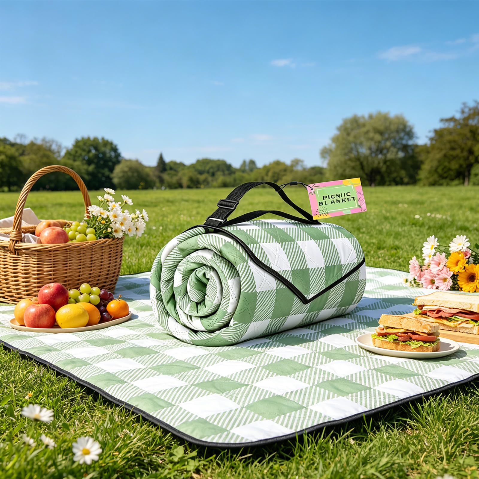 Tappetino da picnic portatile con tracolla, coperta pieghevole verde a quadretti 200 x 300 cm per copertura del terreno da campeggio, posti a sedere nel parco e gite un giorno all ' aperto Coperta
