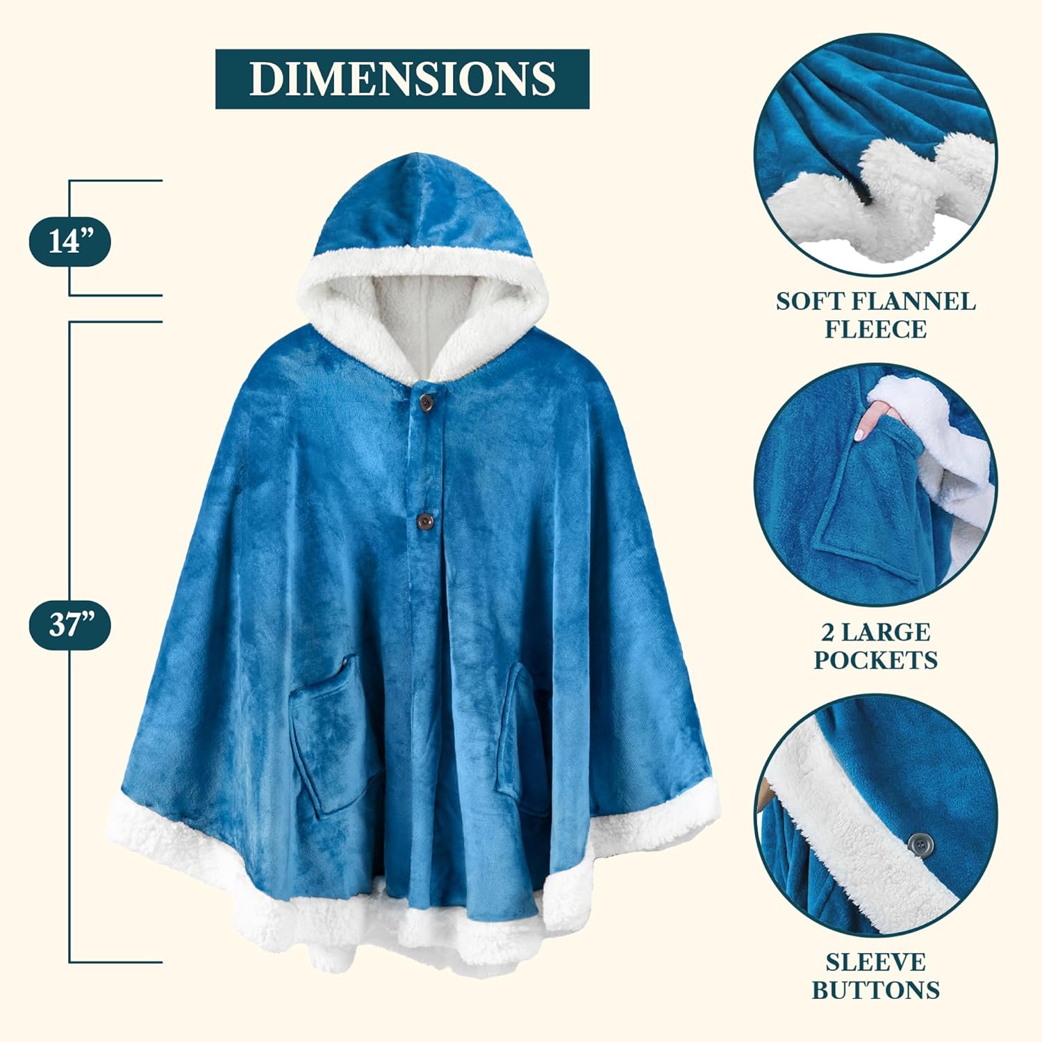 PAVILIA Sherpa Fleece Wearable Blanket for Adult Women, Cozy Plush Blanket Poncho Cape with Hood, Super Soft Shawl, Angel Wrap Throw for Office, Turquoise Sea Blue - Image 3