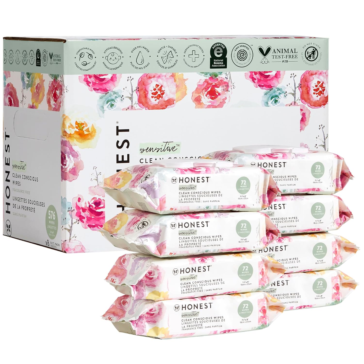 The Honest Company Clean Conscious Multi-Use Wipes | Hypoallergenic + Unscented for Sensitive Skin | Over 99% Water, Compostable, Plant Based, Baby Wipes | Rose Blossom, 576 Count Rose Blossom 72 Count (Pack of 8)
