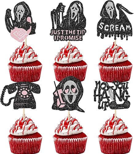 Rsstarxi Paquete de 24 adornos para cupcakes de película de terror Have a Killer Birthday Cupcake Toppers Scam Phone No You Hang Up Cupcake Picks