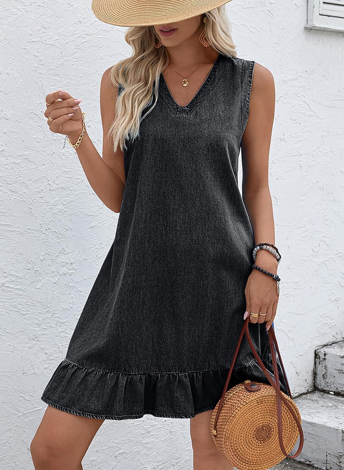 Dokotoo Denim Dress for Women Spring Summer Sleeveless V Neck Ruffle Hem Lightweight Casual A-Line Mini Jean Dresses - Image 3