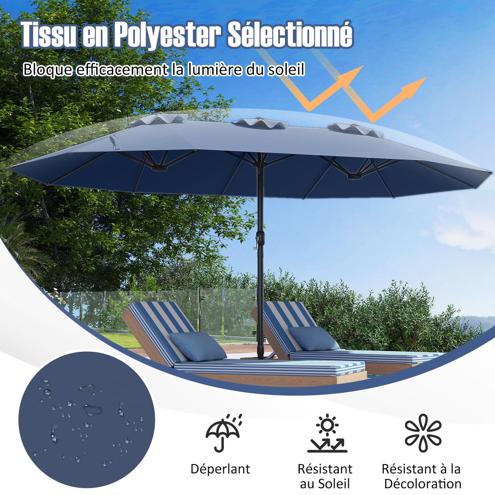 RELAX4LIFE Grand Parasol Double avec Pied 4,7M, Grand Parasol de Jardin Extérieur avec Manivelle, 12 Baleines, Base Croix, Sacs de Sable, Ventilé, Protection Solaire pour Terrasse Marché (Bleu foncé)