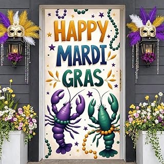 Crawfish Happy Mardi Gras Door Covers New Orleans Fat Tuesday Brazil Carnival Festival Lobster Mardi Gras Door Banner Masquerade Boil Crawfish Mardi Gras Party Celebration Wall Hanging Decoration Supplies Holiday