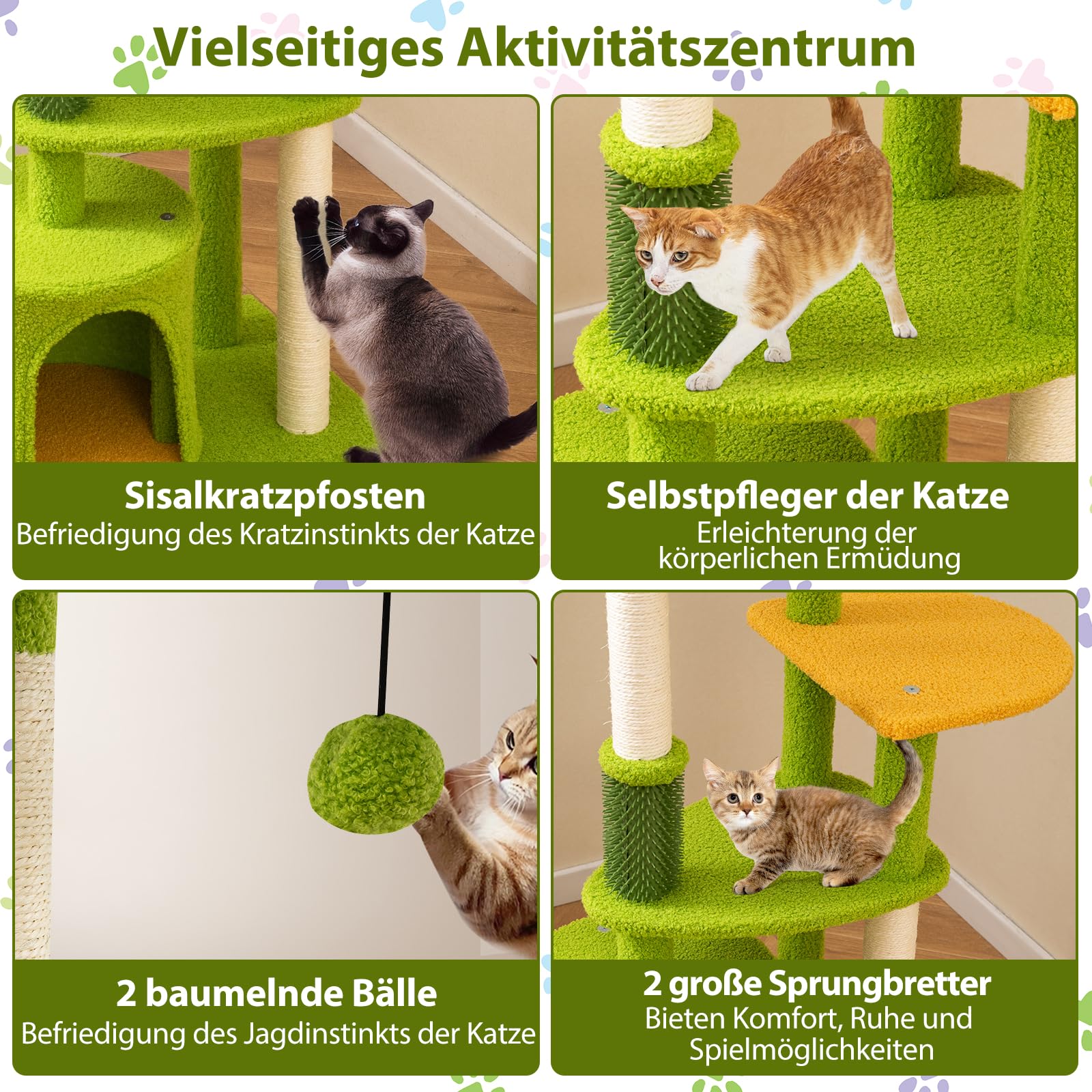 COSTWAY Kratzbaum, Katzenbaum mit Katzenhöhle, künstlichen Blättern, Katzenbürste, Liege, Sisal-Kratzpfosten, Plattformen & Bällen, Kletterbaum Katzen Katzenkratzbaum, 122 cm hoch, Grün+Orange