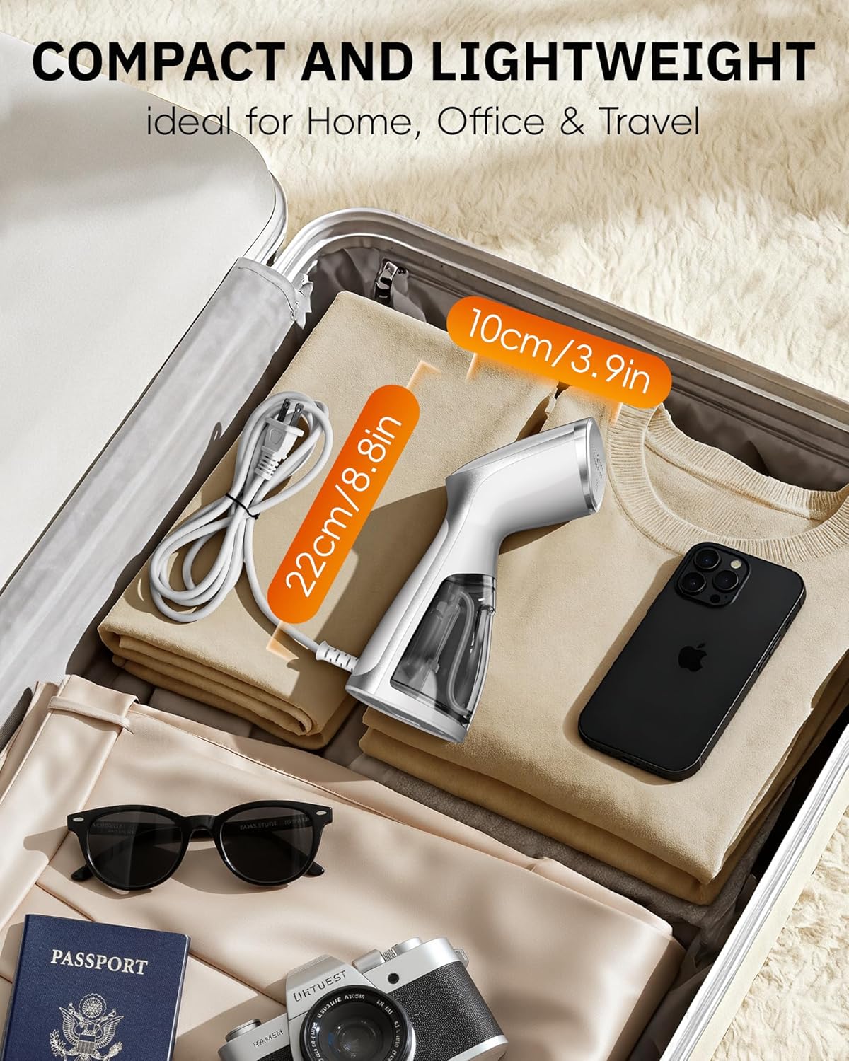 OGHom Portable Travel Handheld Steamer for Clothes, Garment Wrinkle Remover, 1000W Strong Penetrating Fabric Steamer, for Home, Office, Travel (ONLY FOR 120V) -White - Image 5