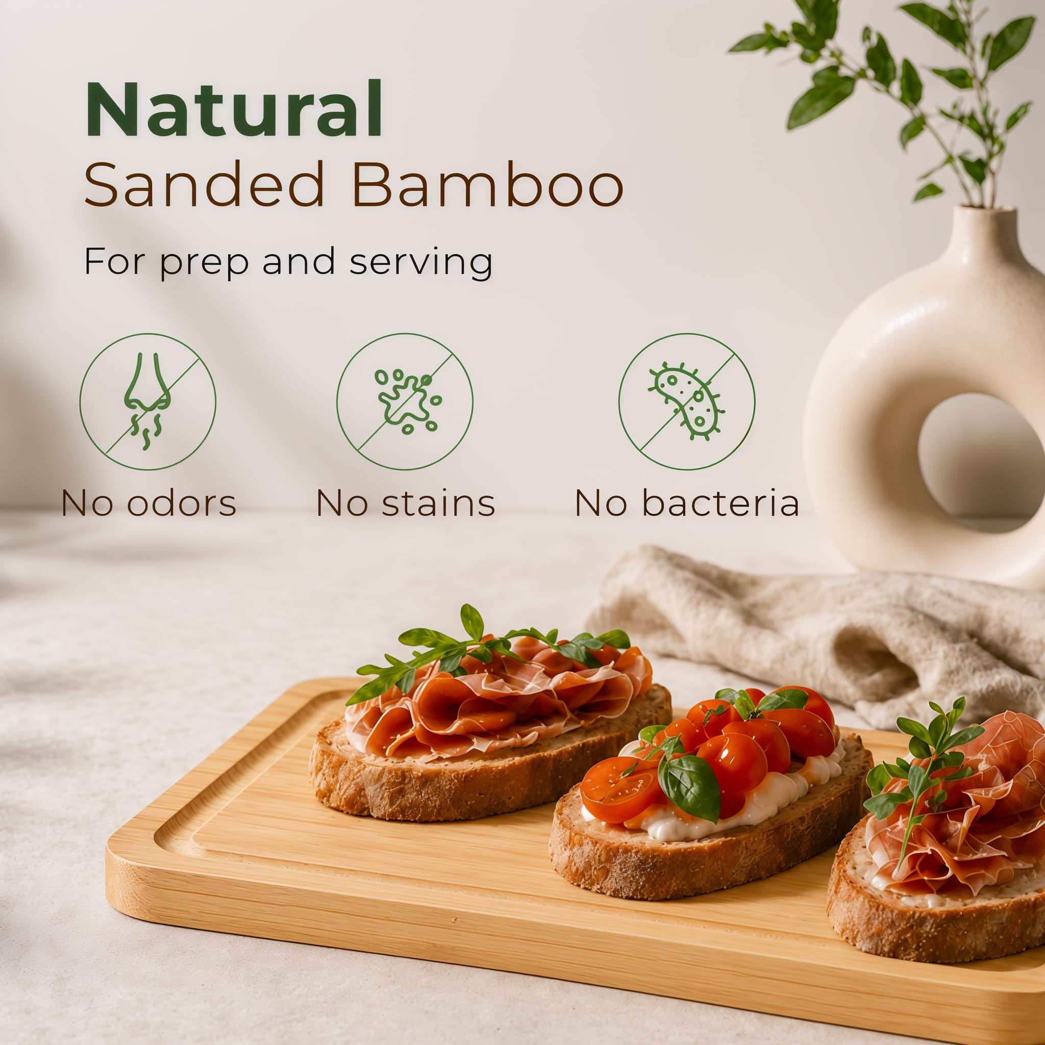 Set di 3 taglieri in bambù per cucina, con supporto e scanalature per succhi | Spessa e resistente con manici integrati, ampia superficie, facile da pulire per carne, verdura e frutta