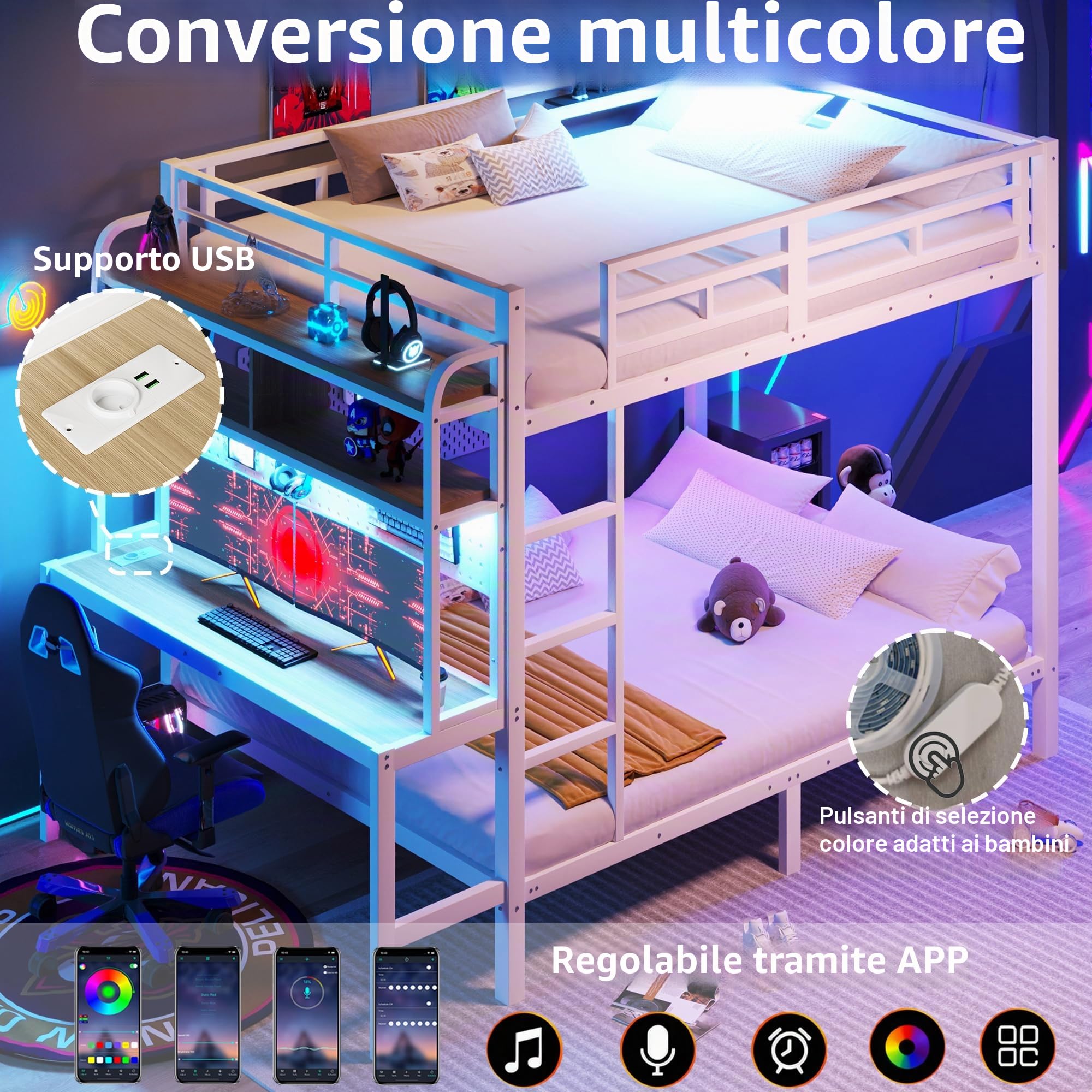 Azkoeesy Letto a Castello Gaming 140x200 cm in Metallo con Scrivania e Mensole, Luce LED, Prese USB ed Elettriche, Matrimoniale per Adolescenti e Adulti, Struttura Resistente e Durevole, Bianco