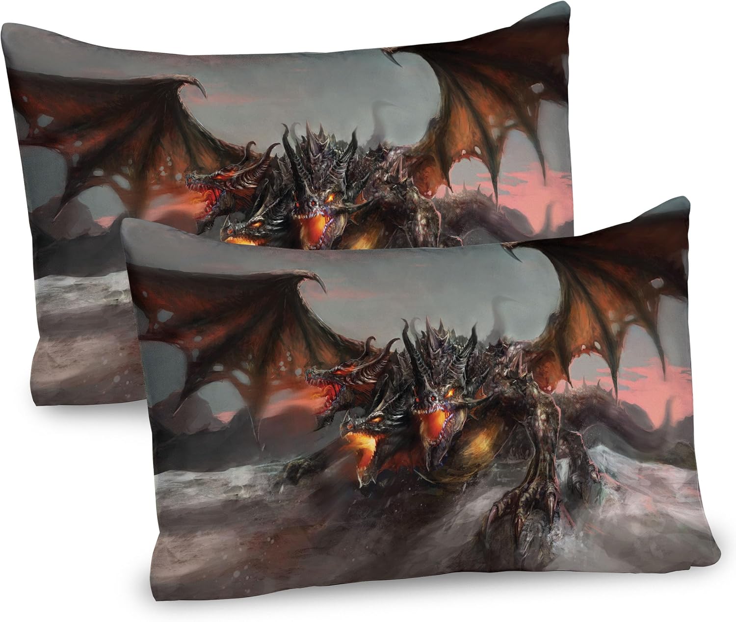 Ambesonne Fantasy World Pillow Sham Set of 2, Illustration of 3 Headed Breathing Dragon Large Monster Gothic Theme, Quality Microfiber Bedding Item for All Seasons, 30" x 20", Brown Grey