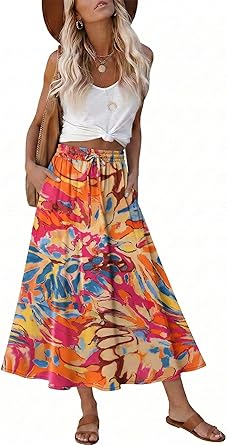 Women's Print Midi Skirt with Pocket Elastic High Waist - 28 varieties