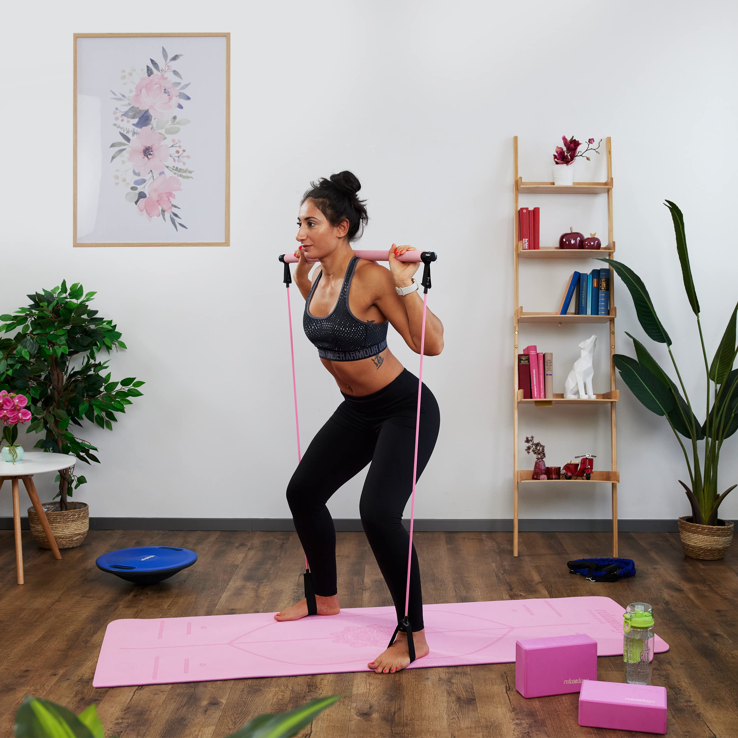 Relaxdays Barra Pilates con 2 Elastici, per Esercizi di Resistenza e Yoga, Bastone con Fascie con Corda per Piede, Rosa