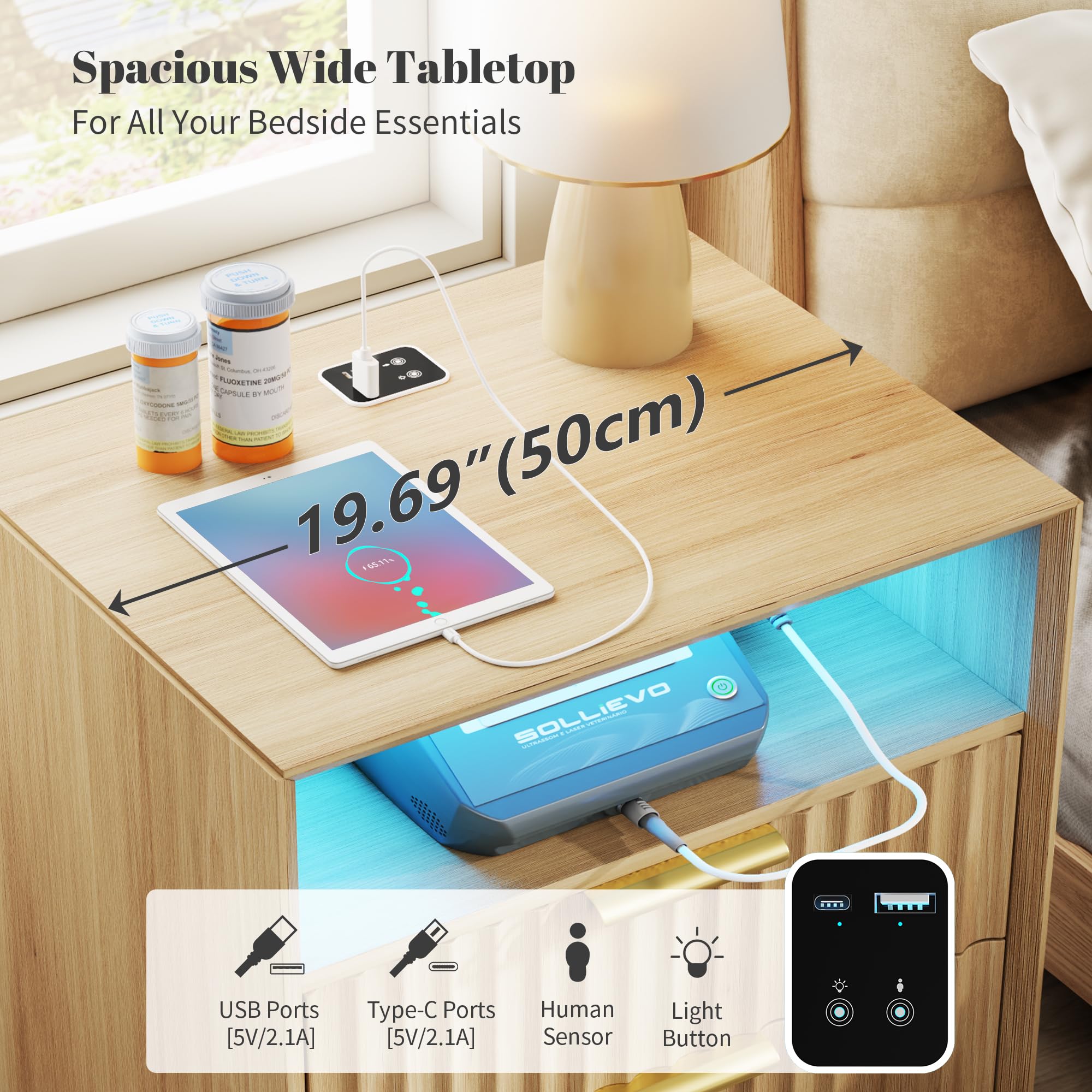 LVSOMT Stolik nocny ze stacją ładującą i oświetleniem LED, ukryta szuflada z zamkiem RFID, nowoczesny stolik nocny do sypialni, 2 szuflady i otwarta komora, drewno