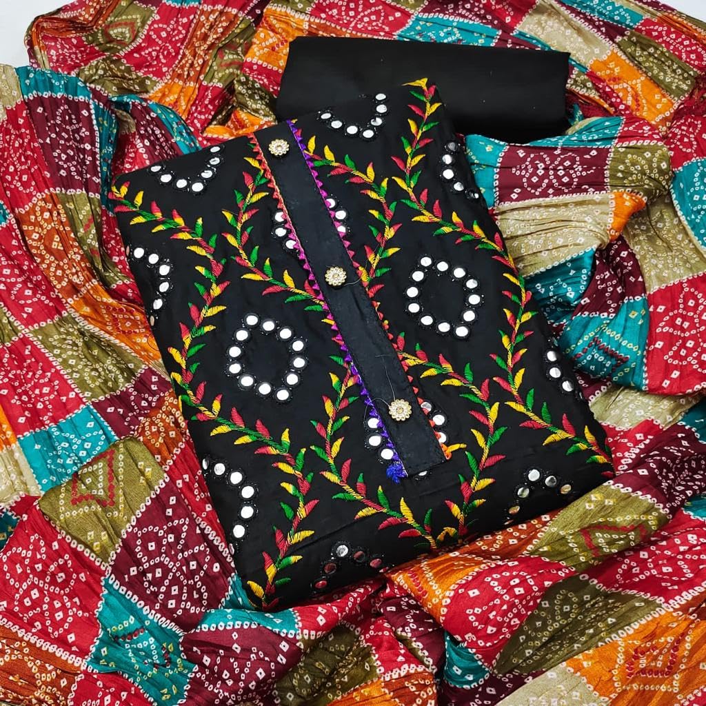 Swadeshi Desire Women's Multi-Color Heavy Cotton Embroidery Work Unstitched Salwar Suit Dress Material With Chinon Bandhani Printed Dupatta (Free Size)