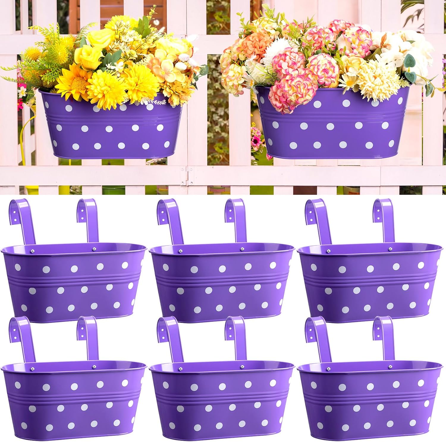 Hushee 9 Pcs 10.8 Inch Hanging Flower Pots Balcony Railing Planter Iron Metal Box Fence Bucket Pots with Detachable Hooks(Purple)