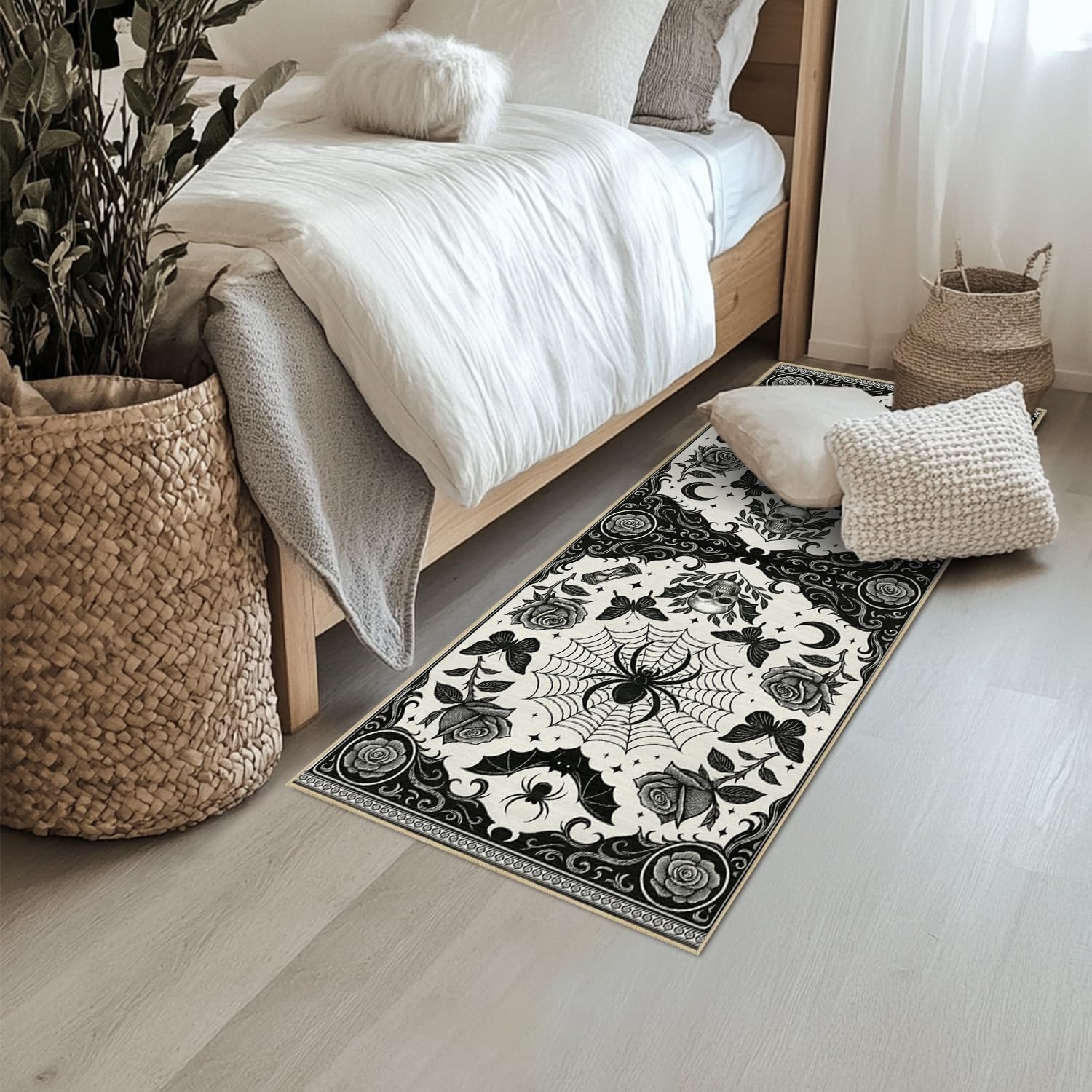Dark Academia Gothic Runner Rug 2x6 for Hallway Kitchen Bedroom Black White Goth Witchy Spider Rug Machine Washable Non-Slip Printed Low-Pile Long Floor Carpet for Moody Decor Kitchen Bathroom Laundry