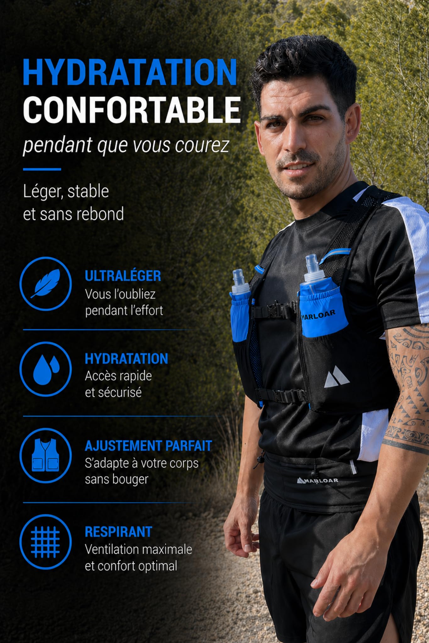 Gilet hydratation - Sac hydratation Running, 2 flasques Souples 500ml incluses, léger et Respirant, Trail et Course à Pied
