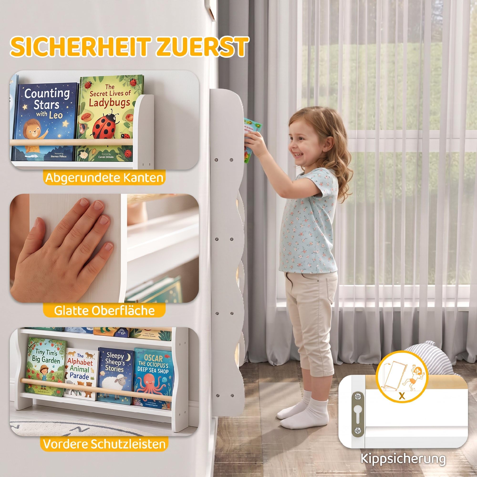 AIYAPLAY Bücherregal Kinder Wandregal mit Kippschutz 60 x 10 x 98 cm Weiß