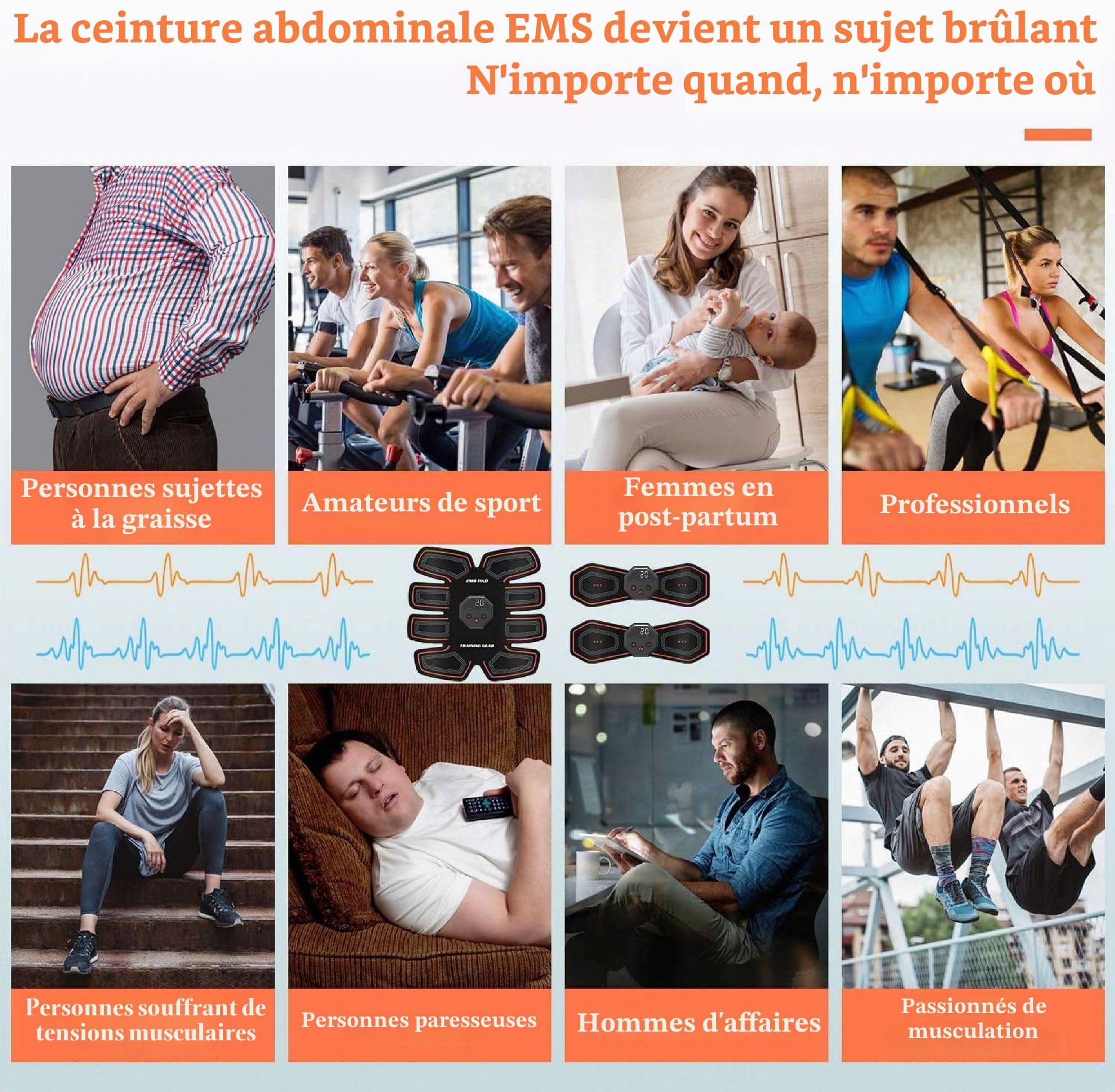 ABS Trainer Stimulateur musculaire EMS Tonique électrique pour muscles abdominaux 10 modes et 20 intensités pour abdominaux, bras, taille – Entraînement abdominal rechargeable