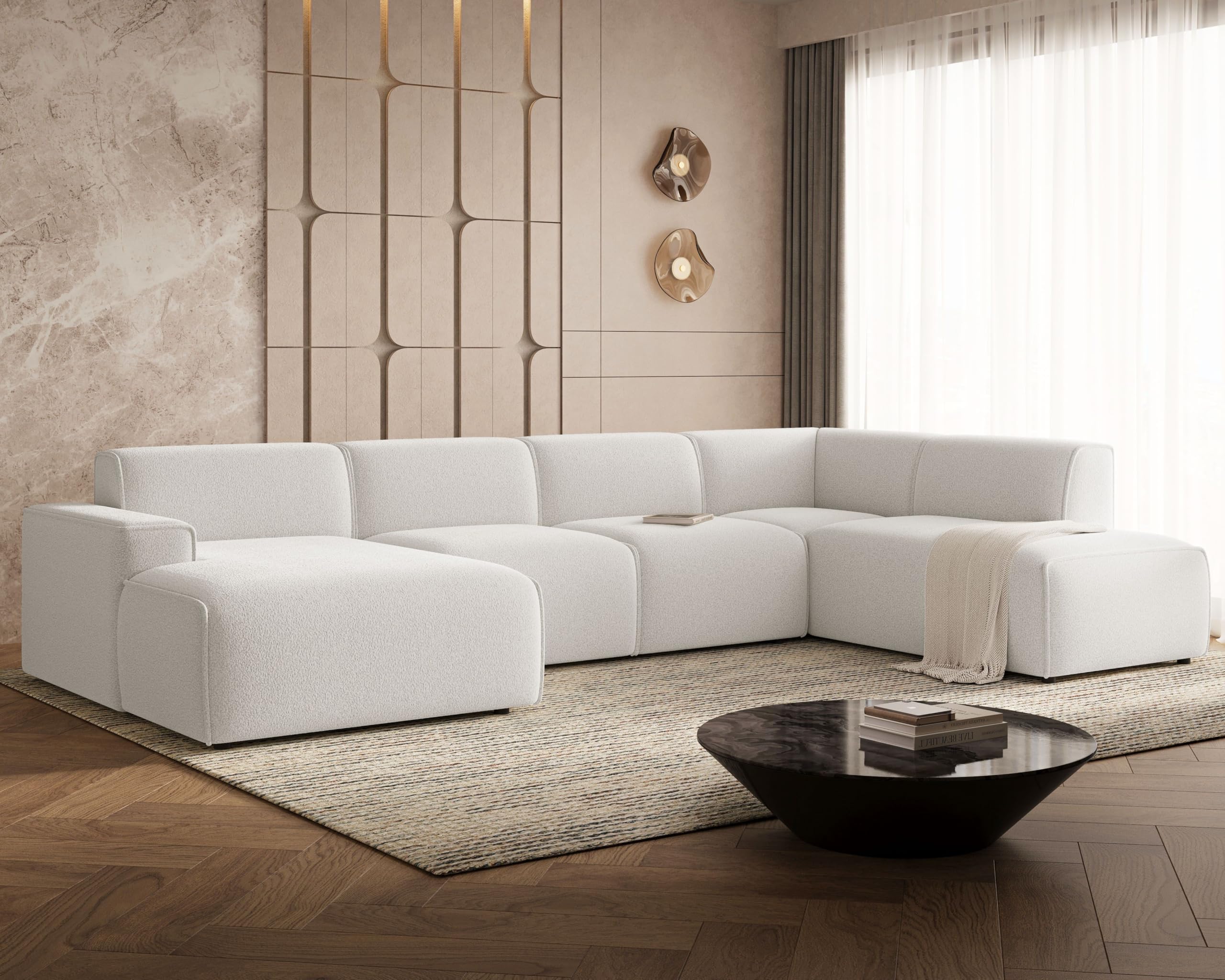GRAINGOLD Belluno Ecksofa 378x220 cm, U-Form Sofa, Ecksofa für Wohnzimmer, Bouclé Stoff, 5-Sitzer Wohnlandschaft, Modernes Design (Weiß, Rechts)