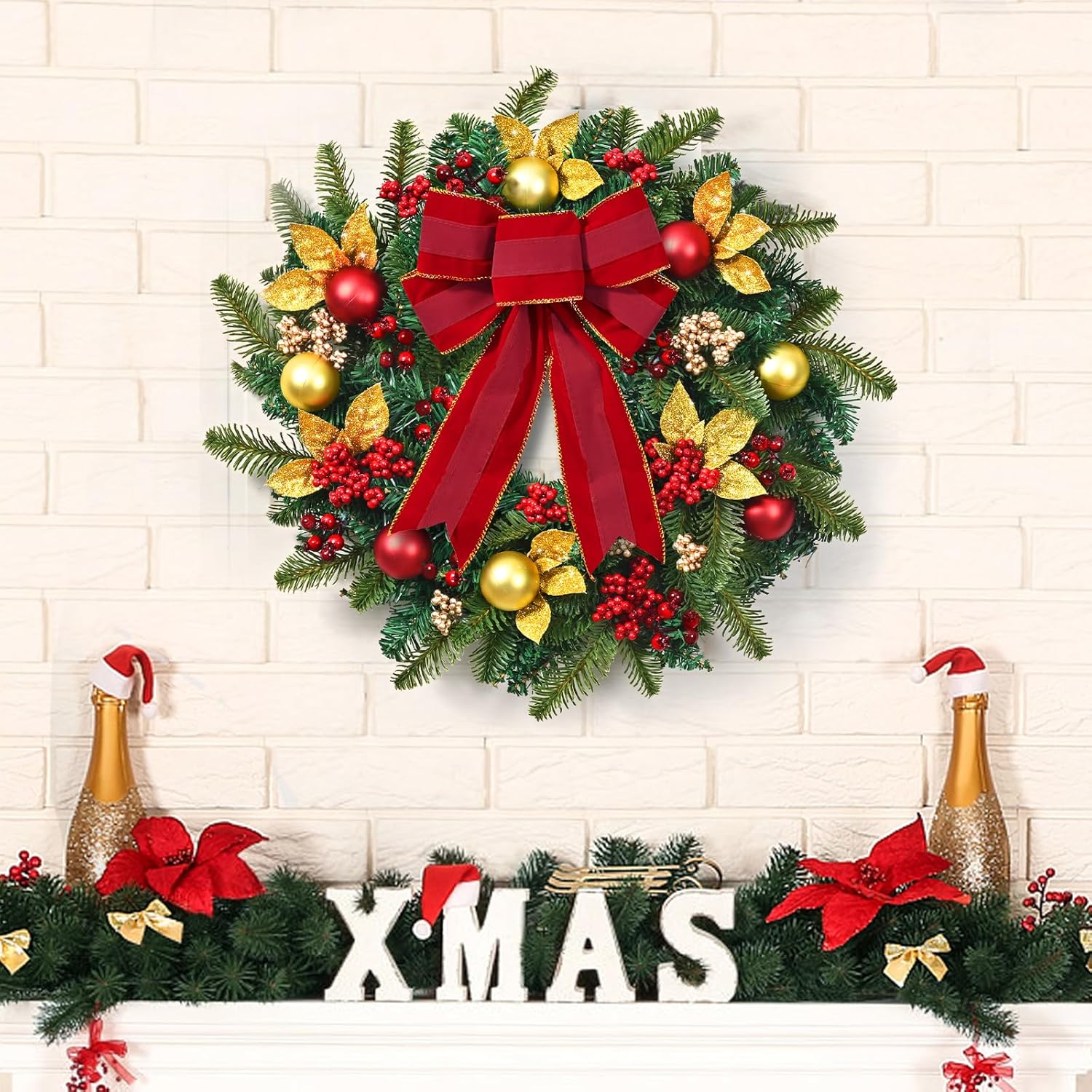 Yastouay 22" Christmas Wreaths for Front Door, Christmas Wreath with Lights Bow Christmas Ball Ornaments, Berries & Sparkling Leaves, Christmas Door Wreath for Home Wall Window Indoor Outdoor Decor - Image 8