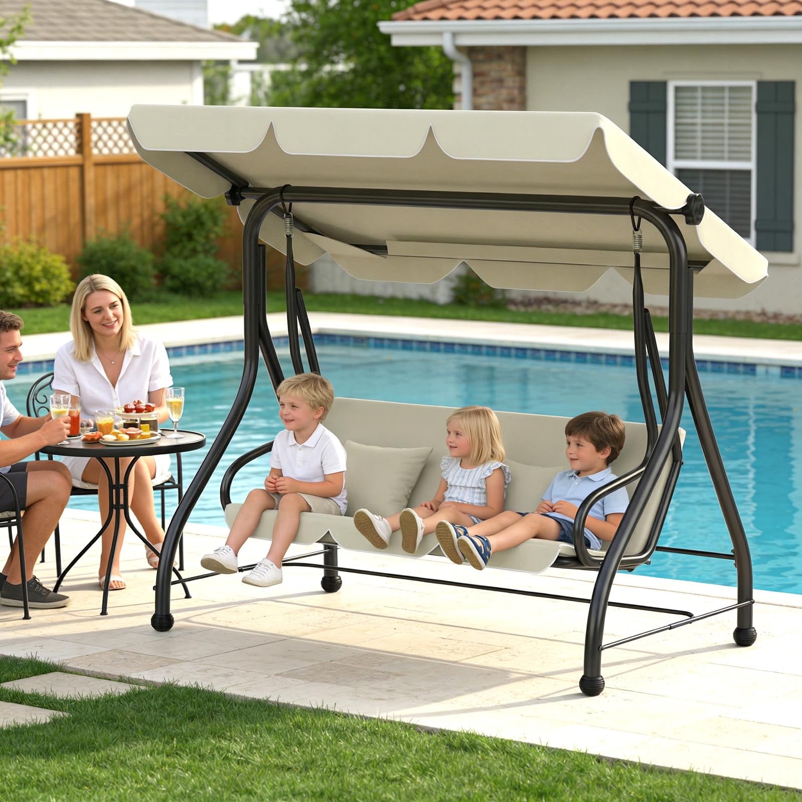Huracan Balancelle de jardin 3 places, avec fonction allongée, coussin d'assise extra épais et auvent réglable, résistant aux intempéries, chaise longue de jardin, banc à bascule, fauteuil à bascule