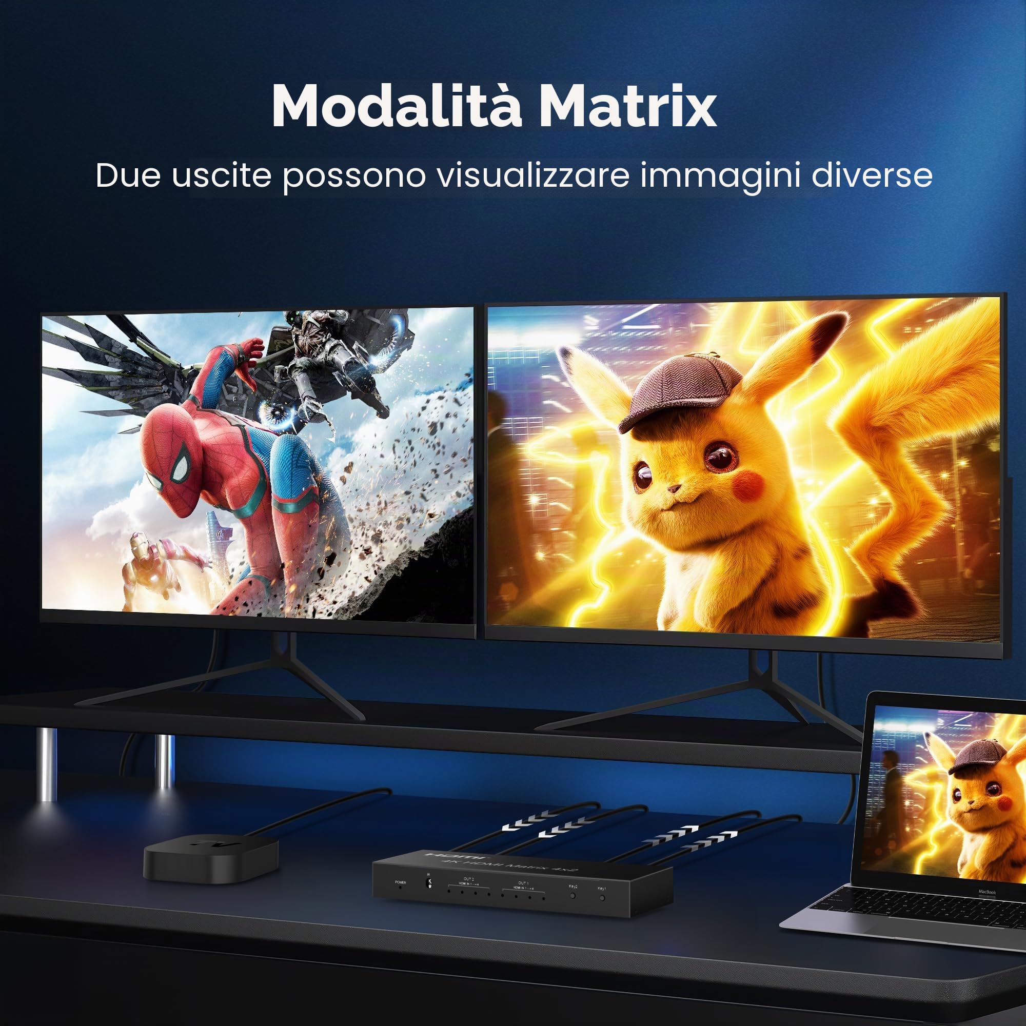 4x2 HDMI Matrix Switch,4 in 2 Out Matrix HDMI Video Switcher Splitter + Optical & L/R 3.5mm Output, Supporto Ultra HD 4K x 2K, 3D 1080P, Estrattore Audio EDID con telecomando IR