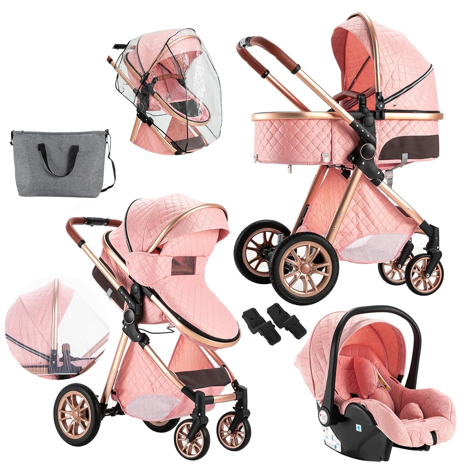 Nine point nine 3 in 1 Baby Stroller Travel System Combo Set, Reversible Infant Stroller with Aluminum Frame, Convertible Toddler Newborn Pram Carriage of One-Click Folding (MGV9-PINK Without Base) Nine point nine 3 in 1 Baby Stroller Travel System Combo Set, Reversible Infant Stroller with Aluminum Frame, Convertible Toddler Newborn Pram Carriage of One-Click Folding (MGV9-PINK Without Base)