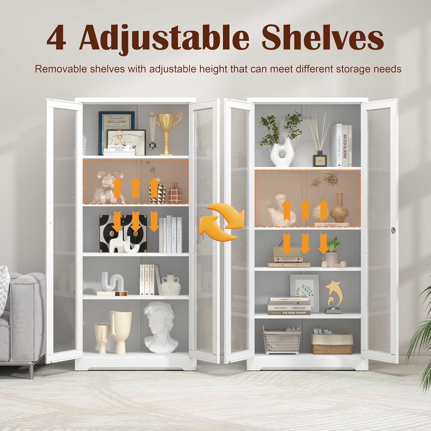 71" Glass Display Cabinet with Lock,Curio Cabinet with Glass Doors, Metal Display Case with 4 Adjustable Shelves, White Bookcase Locking Storage Cabinets for,Liquor,Plant,Commercial