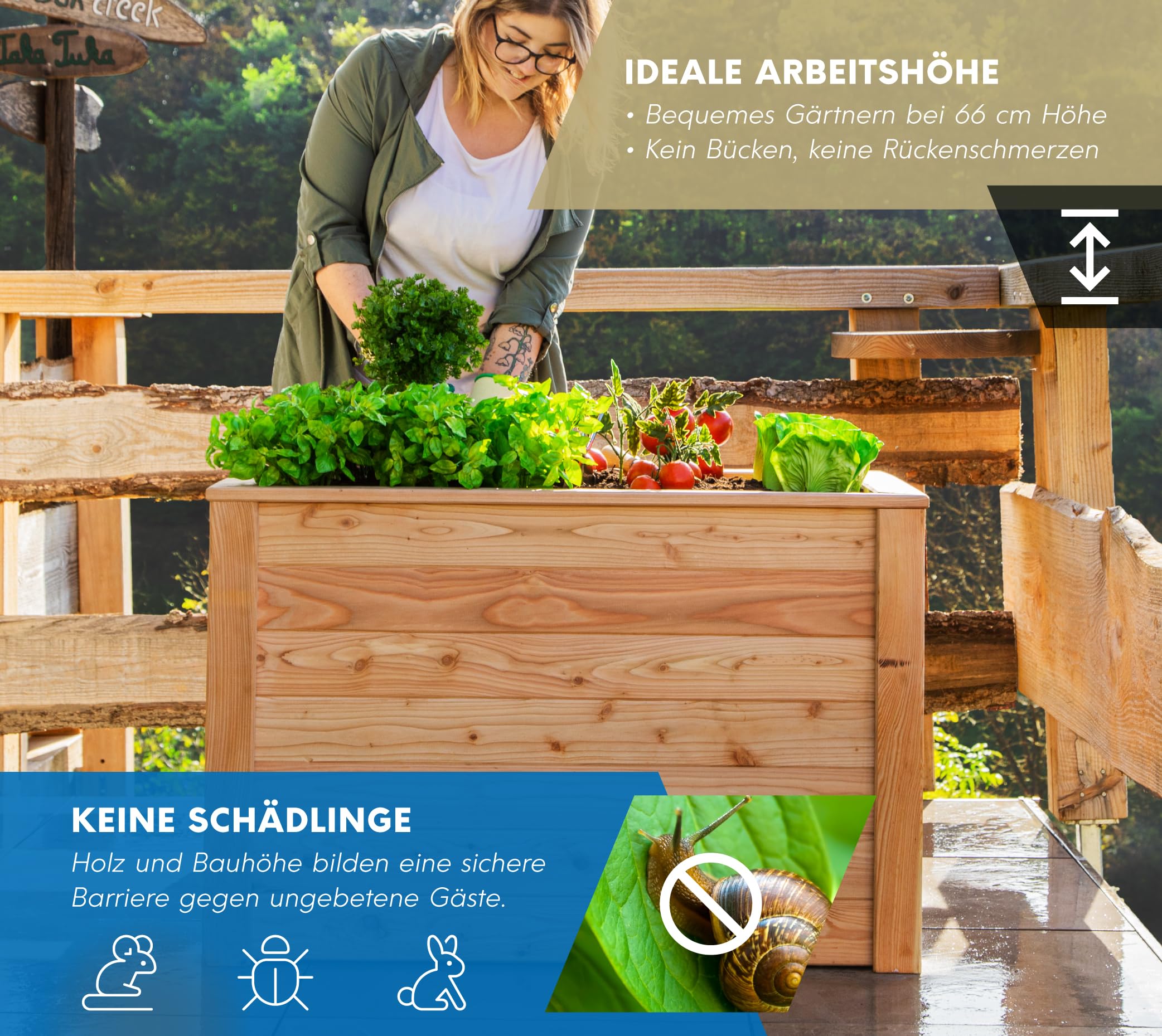 WESTMANN Hochbeet aus Lärchenholz inkl. Aussaatkalender | 100x65x66 cm Natur | Kräuterbeet für den Außenbereich | Holzhochbeet zum Bepflanzen von Gemüse & Kräutern
