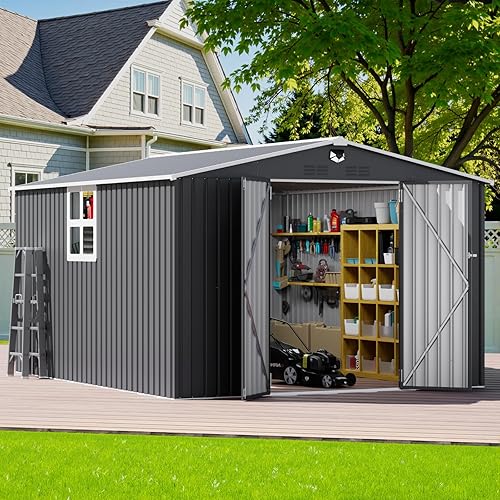 10x12 FT Outdoor Storage Shed, Metal Garden Shed - Tool Storage Sheds with Lockable Doors & 1 Clear Window, Waterproof Outside Storage Building for Backyard, Patio (Black; Floor Not Included)