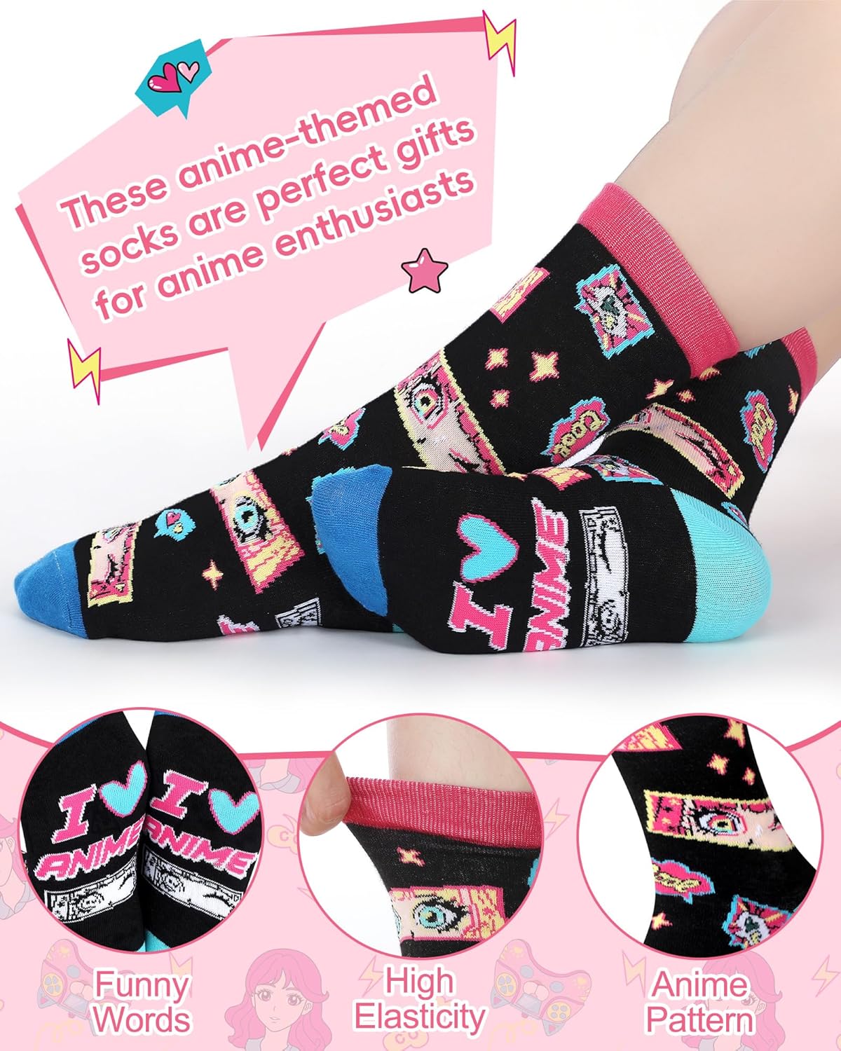 6 Pairs Anime Socks for Women Teen Girls Funny Kawaii Cotton Casual Crew Socks for Anime Lovers Birthday Gifts(Us 5-10,Women) - Image 2