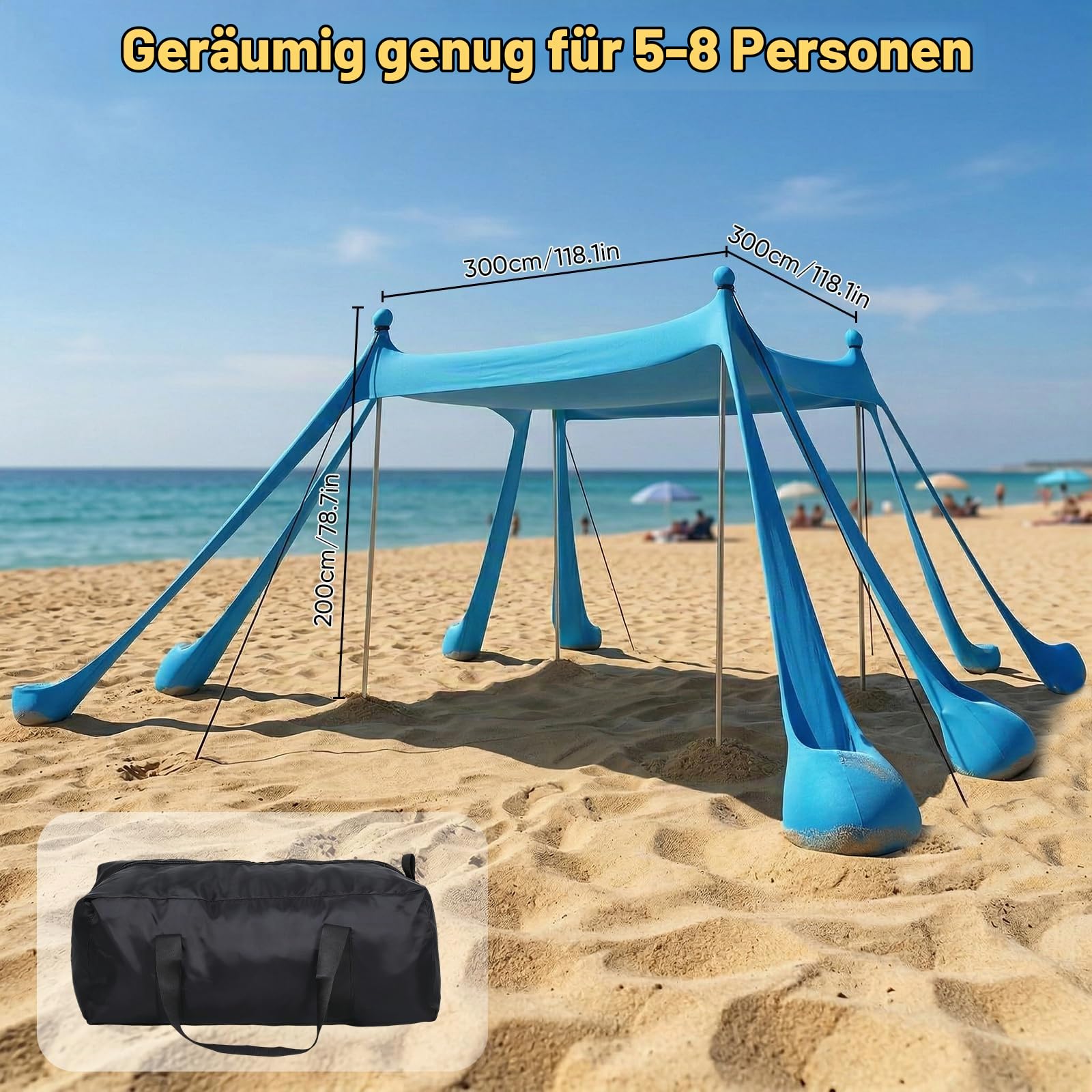 Strandmuschel 3m x 3m, UPF50+ UV-Schutz Sonnenschutz Zelt–Octagon Design mit 8 Heringen & 4 verstärkten Stangen,Großes Strandzelt für 5-8 Personen, Windbeständig für Camping,Picknick & Angeln, Blau