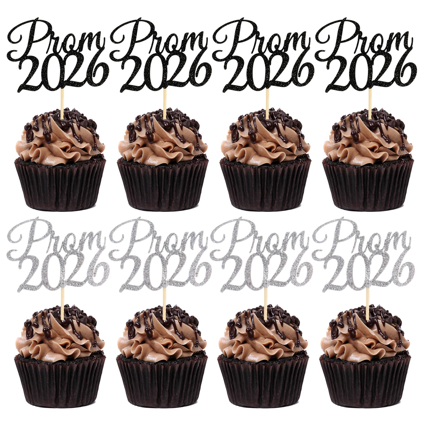 24Pcs Prom 2026 Cupcake Toppers Prom Decorations Black Silver Glitter Graduation Class of 2026 Cupcake Picks for Graduation Prom Party Cake Decorations