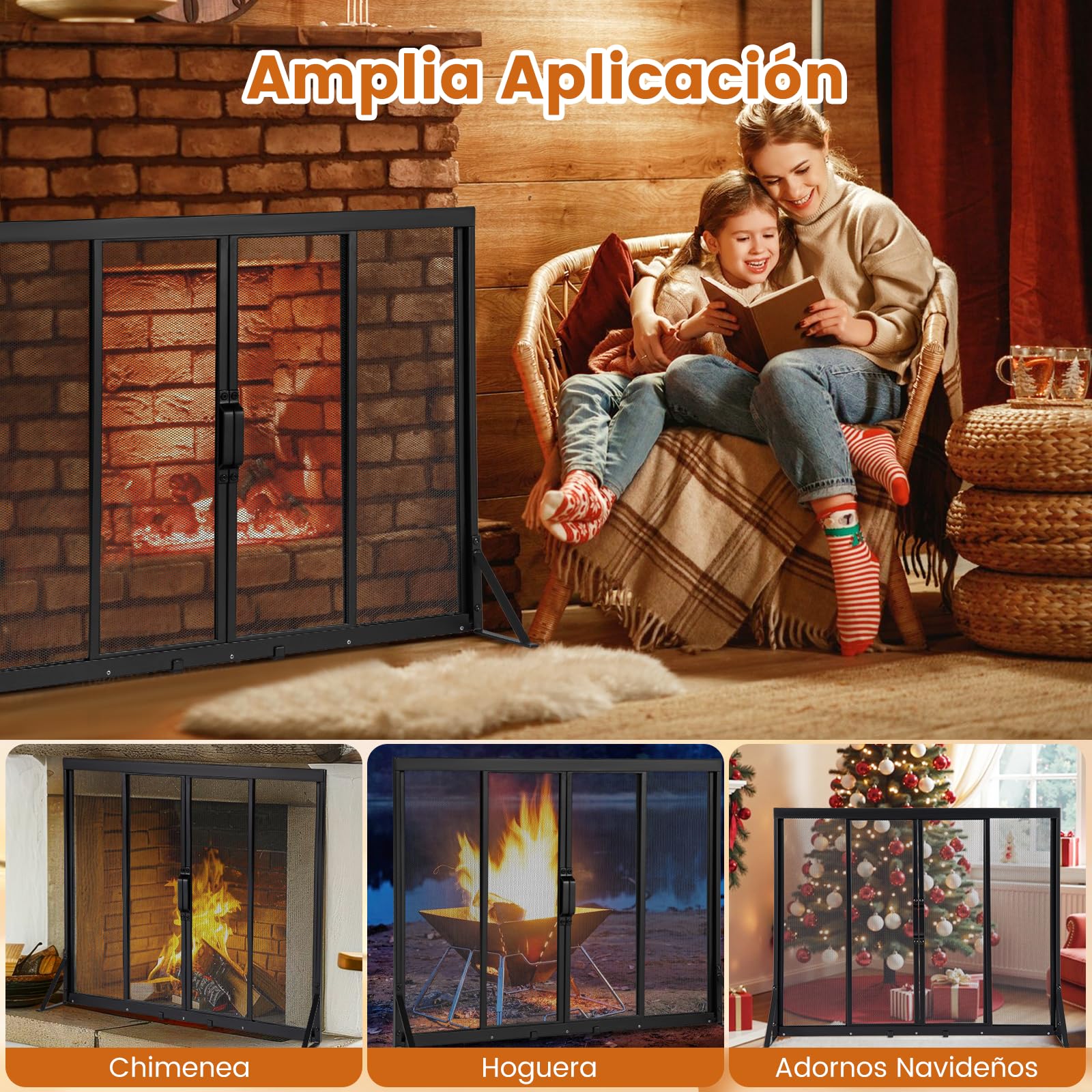 COSTWAY Protector de Chimenea con Puertas Corredizas, Salvachispas para Chimenea de Seguridad con Marco de Soporte Triangular, Malla Metálica, Pantalla para Chimenea de 4 Paneles en Hogar (96 x 79 cm)
