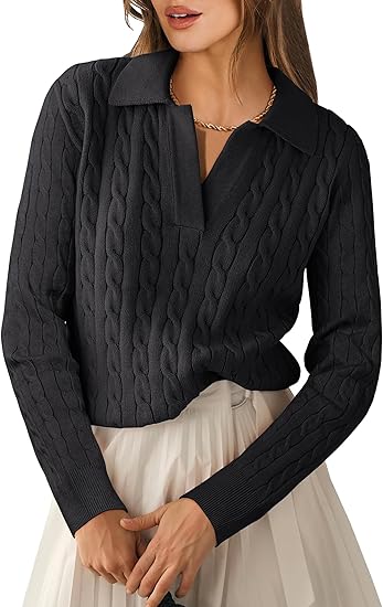 ANRABESS Womens Cable Knit Sweaters Long Sleeve V Neck Sweater Tops Casual Pullover Polo Shirts 2025 Fall Fashion Outfits