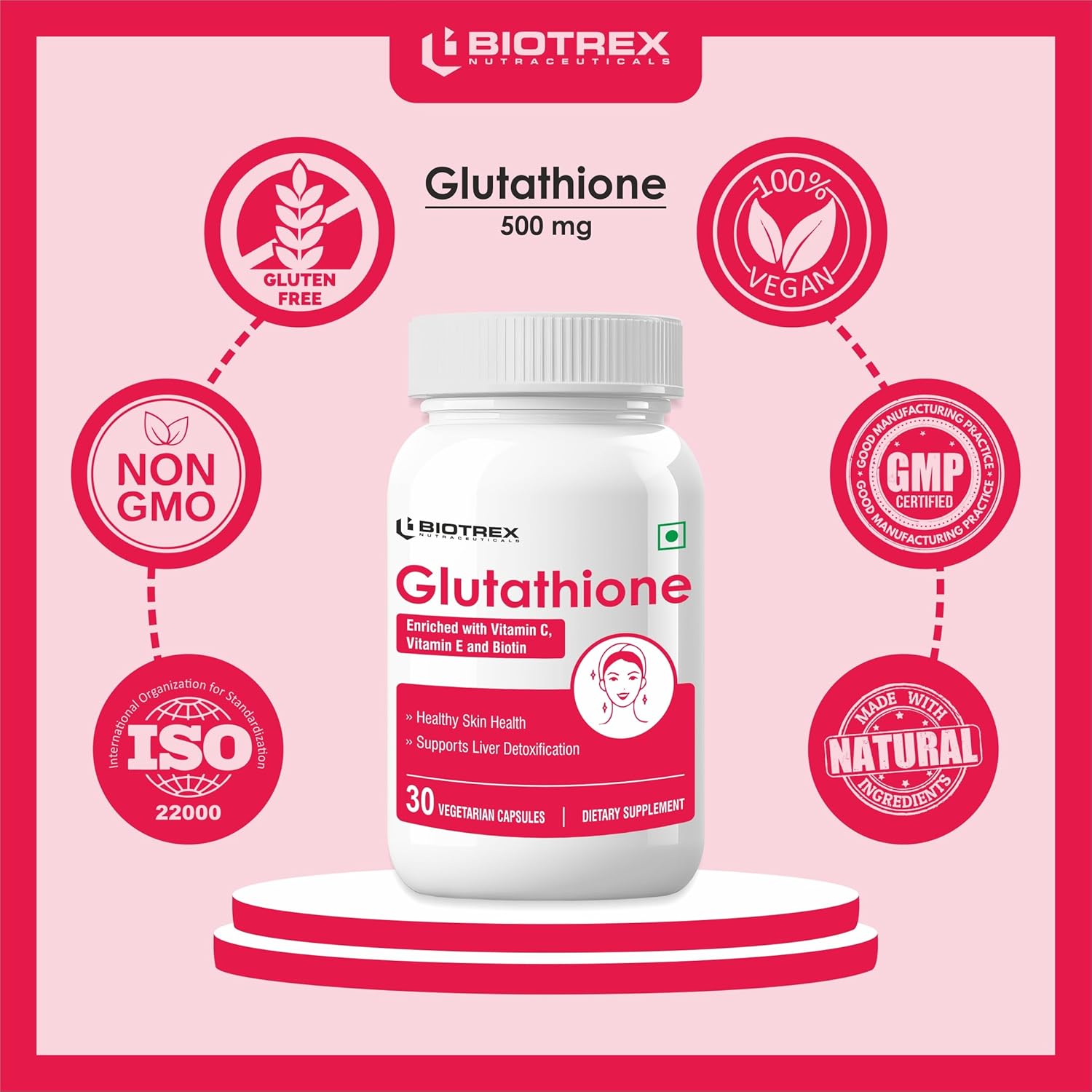Biotrex Nutraceuticals Glutathione With Vitamin C & E, Biotin, Grape Seed Extract, Alpha Lipoic Acid, L-Lysine For Healthy Skin Health, Antioxidant Supplement - 30 Vegetarian Capsules Biotrex Nutraceuticals Glutathione With Vitamin C & E, Biotin, Grape Seed Extract, Alpha Lipoic Acid, L-Lysine For Healthy Skin Health, Antioxidant Supplement - 30 Vegetarian Capsules