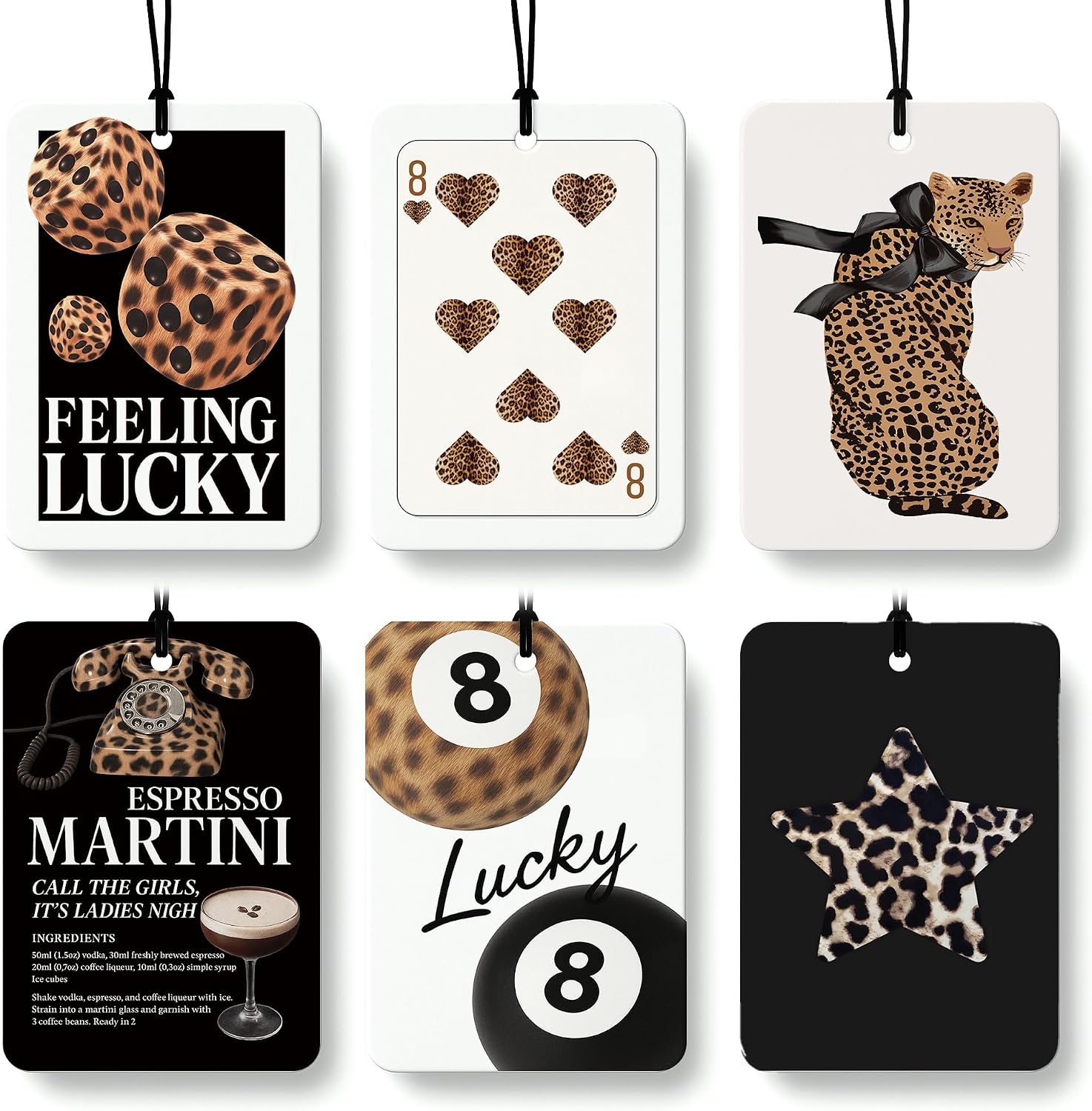 Trendy Leopard Print Lucky 8 Ball Car Air Freshener 6 Pcs, Retro Coquette Bow Cheetah Poker Hanging Air Freshener for Bar Cars Closet Drawer Books, Girly Car Accessories Mirror Decor for Women