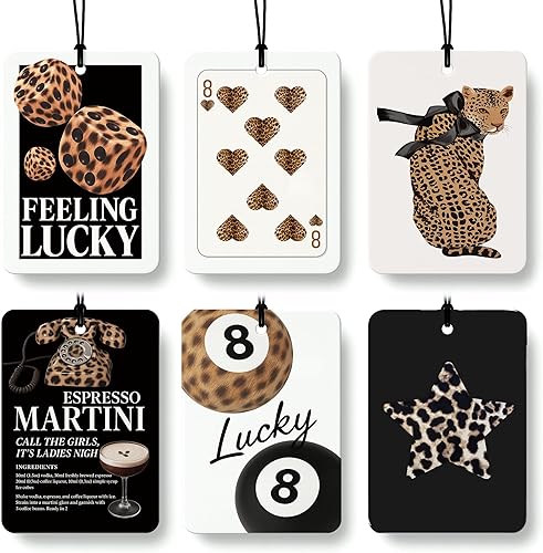 Miniatura 18 de Ambientador de coche con estampado retro de guepardo, 4 piezas, estampado de leopardo, 8 bolas de la suerte, ambientador colgante para el hogar,