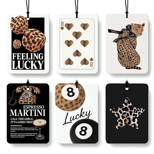 FISWAFY Trendy Leopard Print Lucky 8 Ball Car Air Freshener 6 Pcs, Retro Coquette Bow Cheetah Poker Hanging Air Freshener for Bar Cars Closet Drawer Books, Girly Car Accessories Mirror Decor for Women - Black Trendy 6 Pcs - 6 Count (Pack of 1)