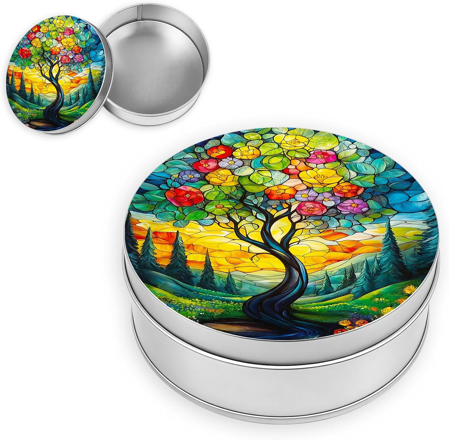 Decorative Round Metal Tin Box, Stained Glass - Like Tree and Stream Small Storage Container with Lid for Jewelry, Candy, Crafts & Travel, 3.54"x1.38" Aesthetic Keepsake Gift Box