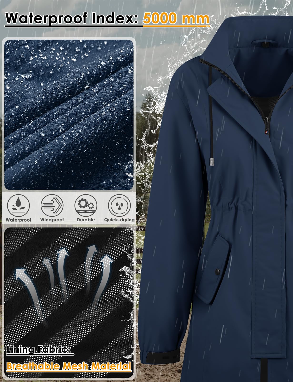 CMTOP Veste Imperméable Femme Raincoat Léger Respirant Coupe Vent Impermeable, Manteau de Pluie à Capuche Printemps Automne d'Extérieur Trench Coat pour Randonnée Camping